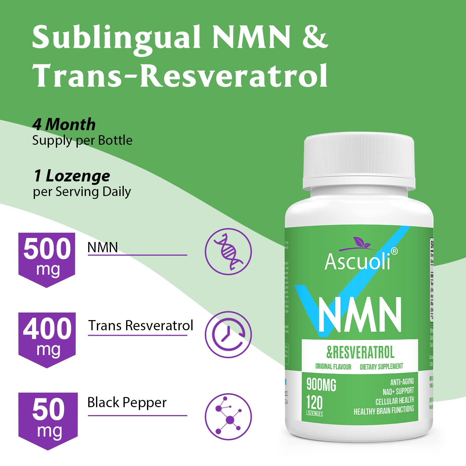Ascuoli NMN Resveratrol Supplement 500mg 400mg bottle side view
