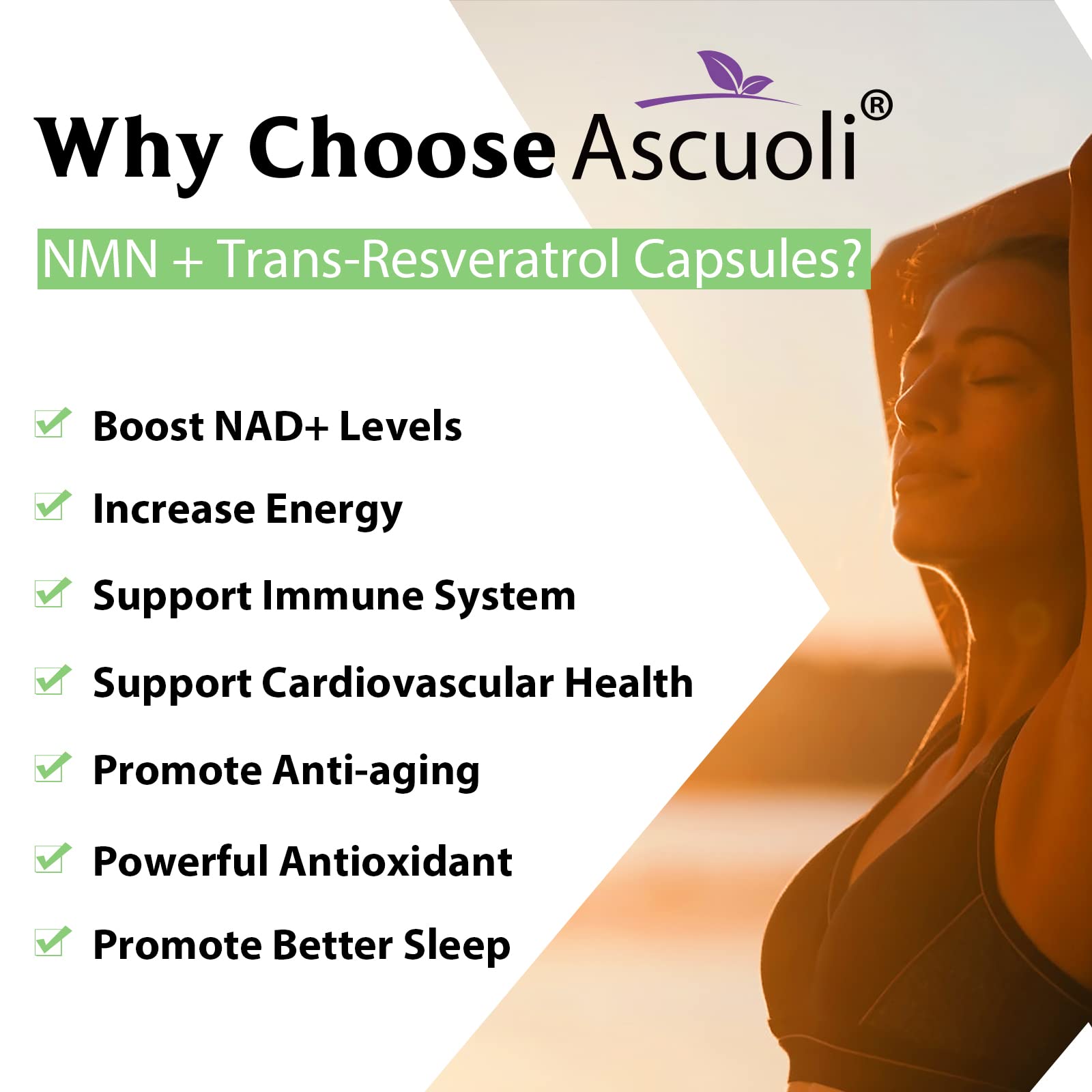 Ascuoli NMN Resveratrol Supplement 500mg 400mg bottle with lozenge