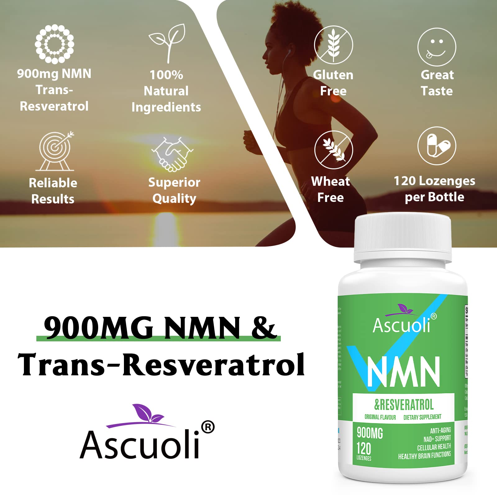 Ascuoli NMN Resveratrol Supplement 500mg 400mg tablets in hand