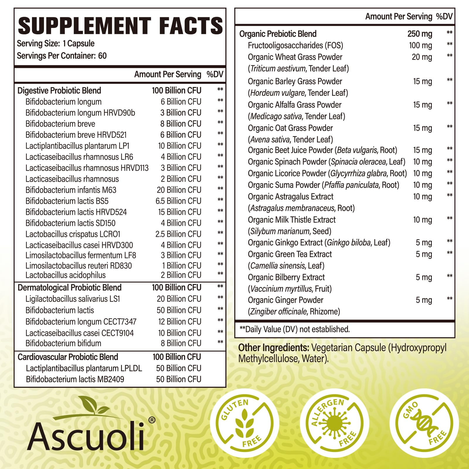 Ascuoli Probiotics 3 in 1 Supplement capsule close-up