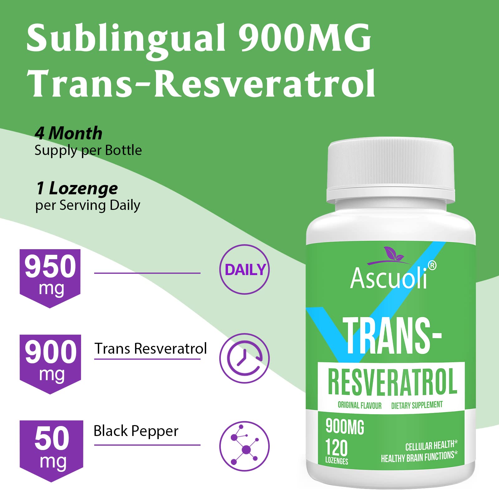 Ascuoli Sublingual Trans-Resveratrol 900 mg Supplement bottle side view