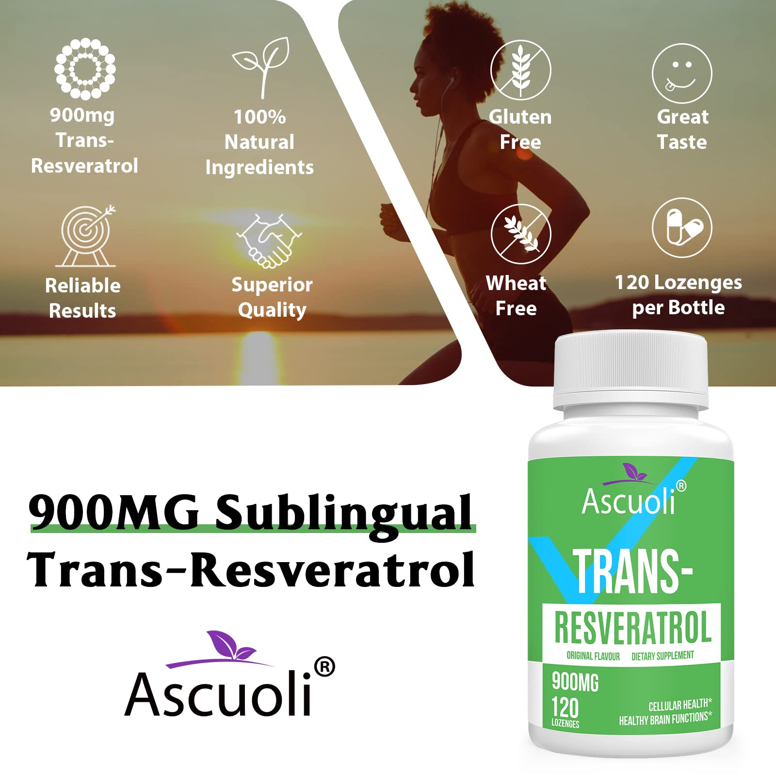 Ascuoli Sublingual Trans-Resveratrol 900 mg Supplement on a table