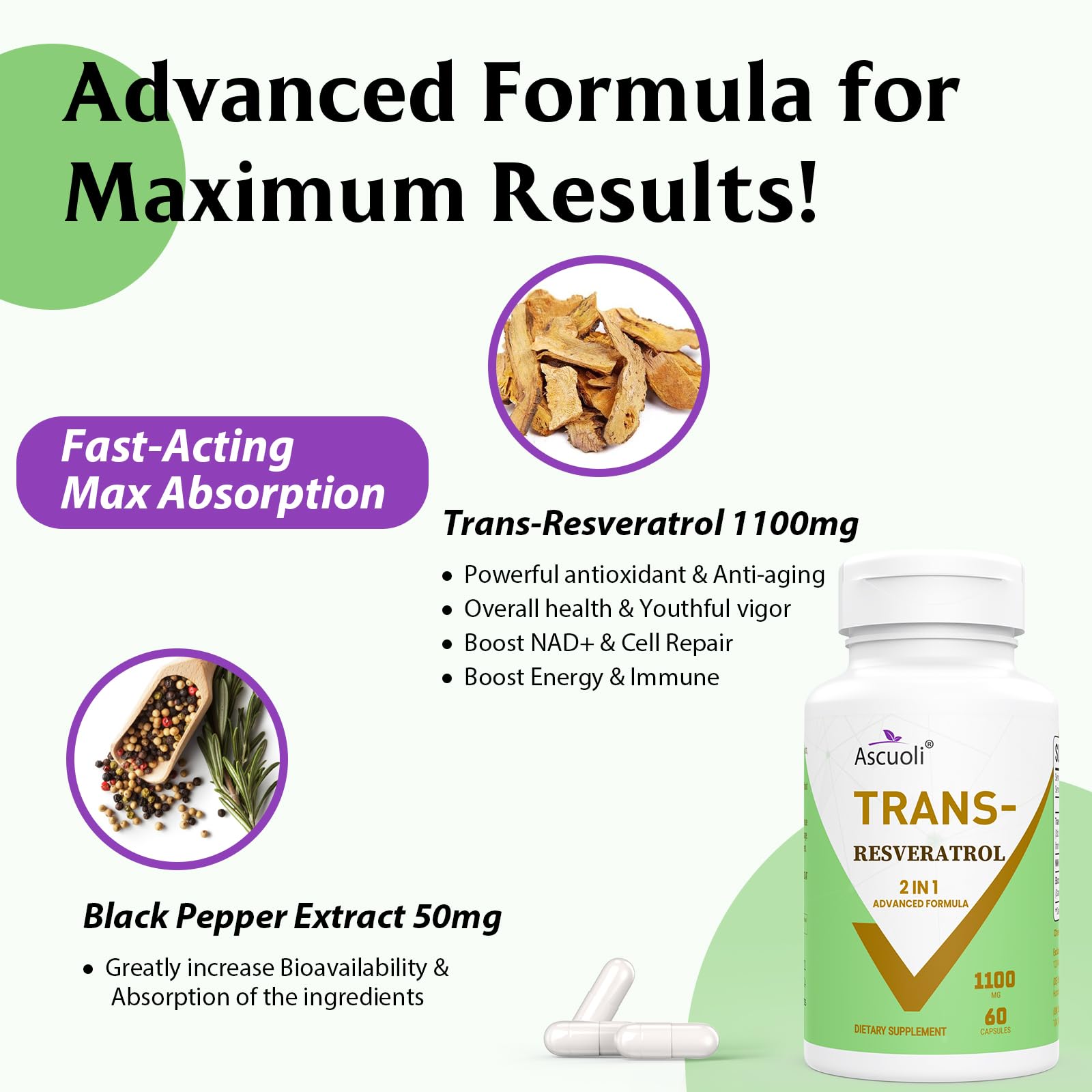 Ascuoli Trans-Resveratrol bottle with 60 capsules displayed