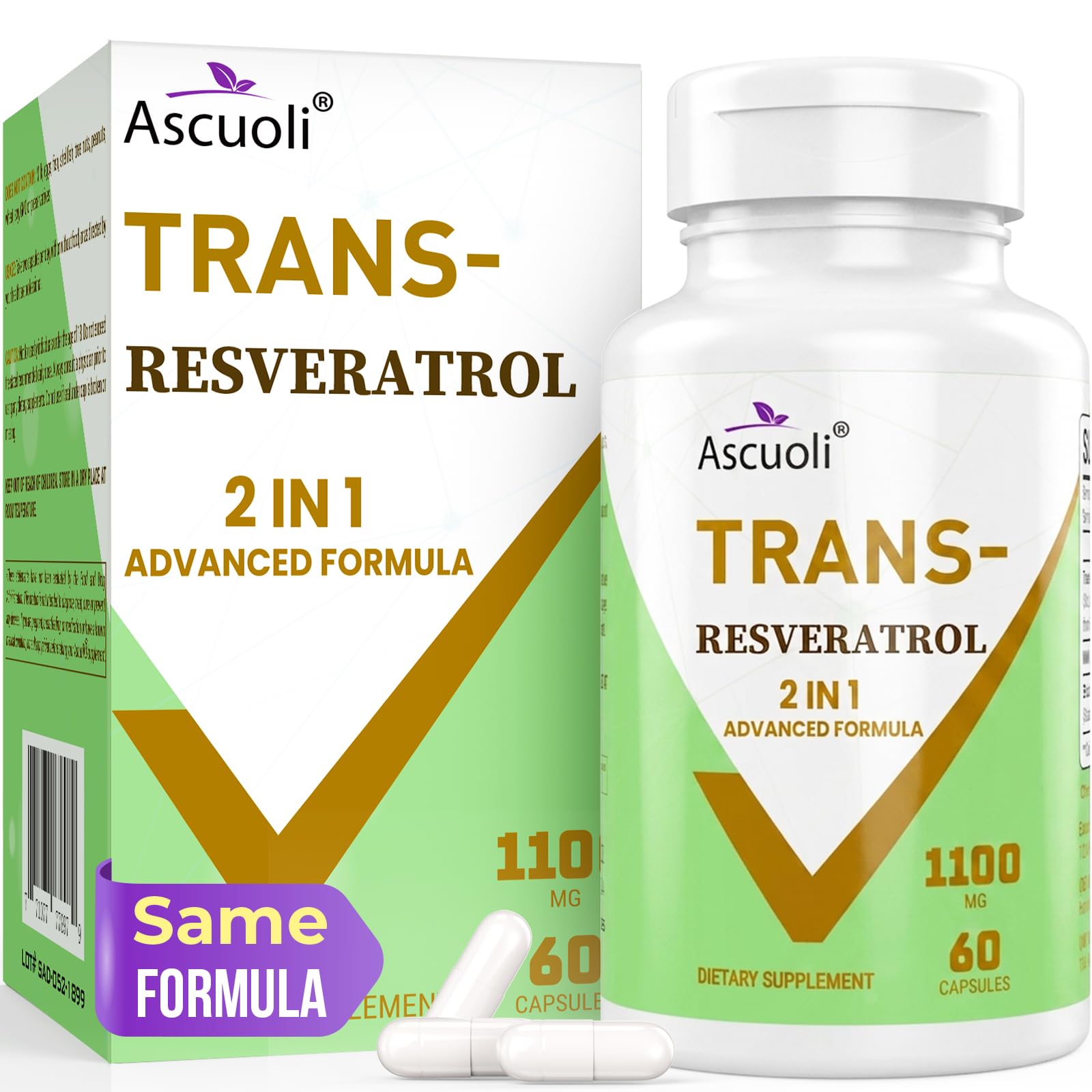 Ascuoli Trans-Resveratrol capsules front view with packaging