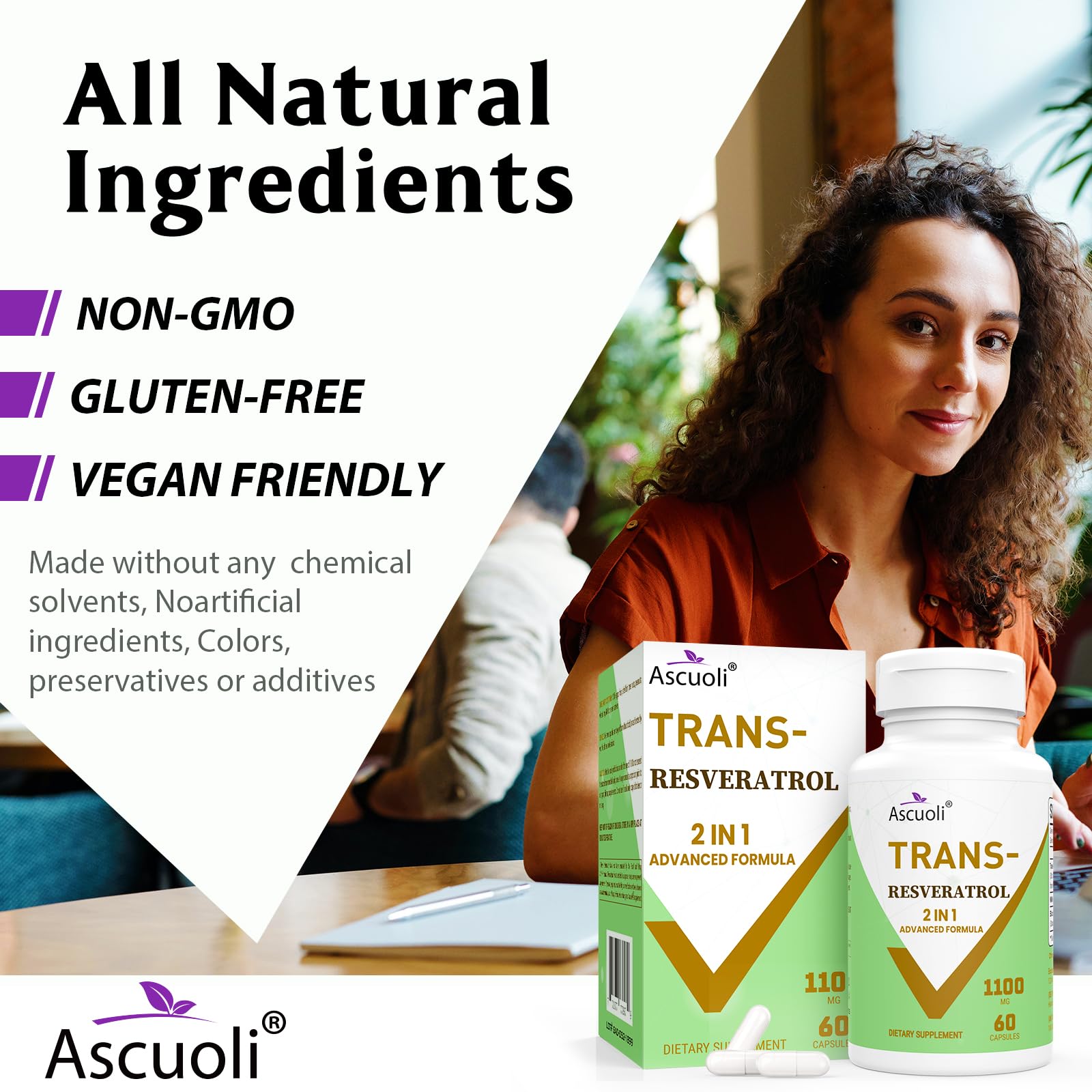 Ascuoli Trans-Resveratrol capsules showing serving size on label