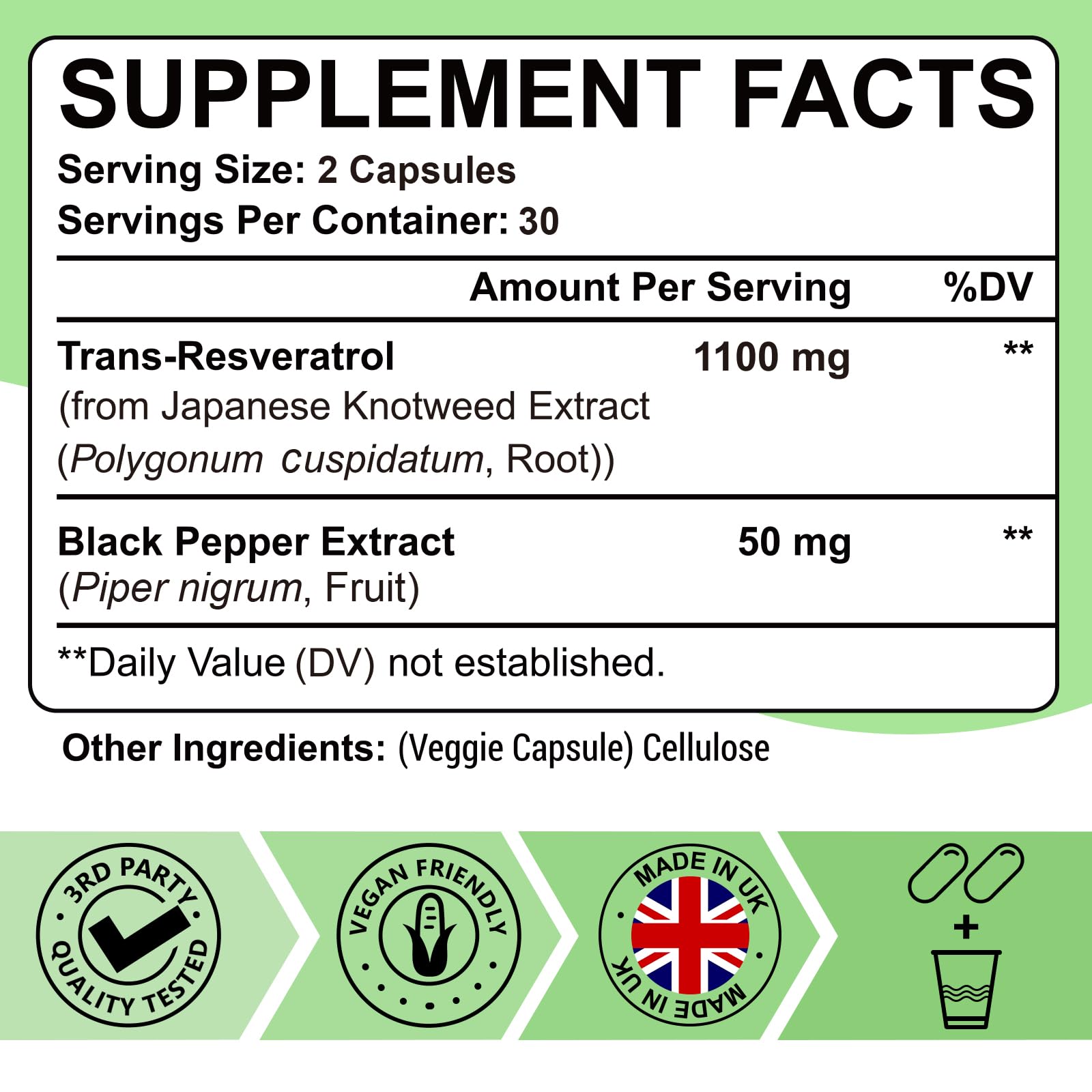 Ascuoli Trans-Resveratrol capsules side view showing dosage details