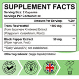 Ascuoli Trans-Resveratrol capsules side view showing dosage details