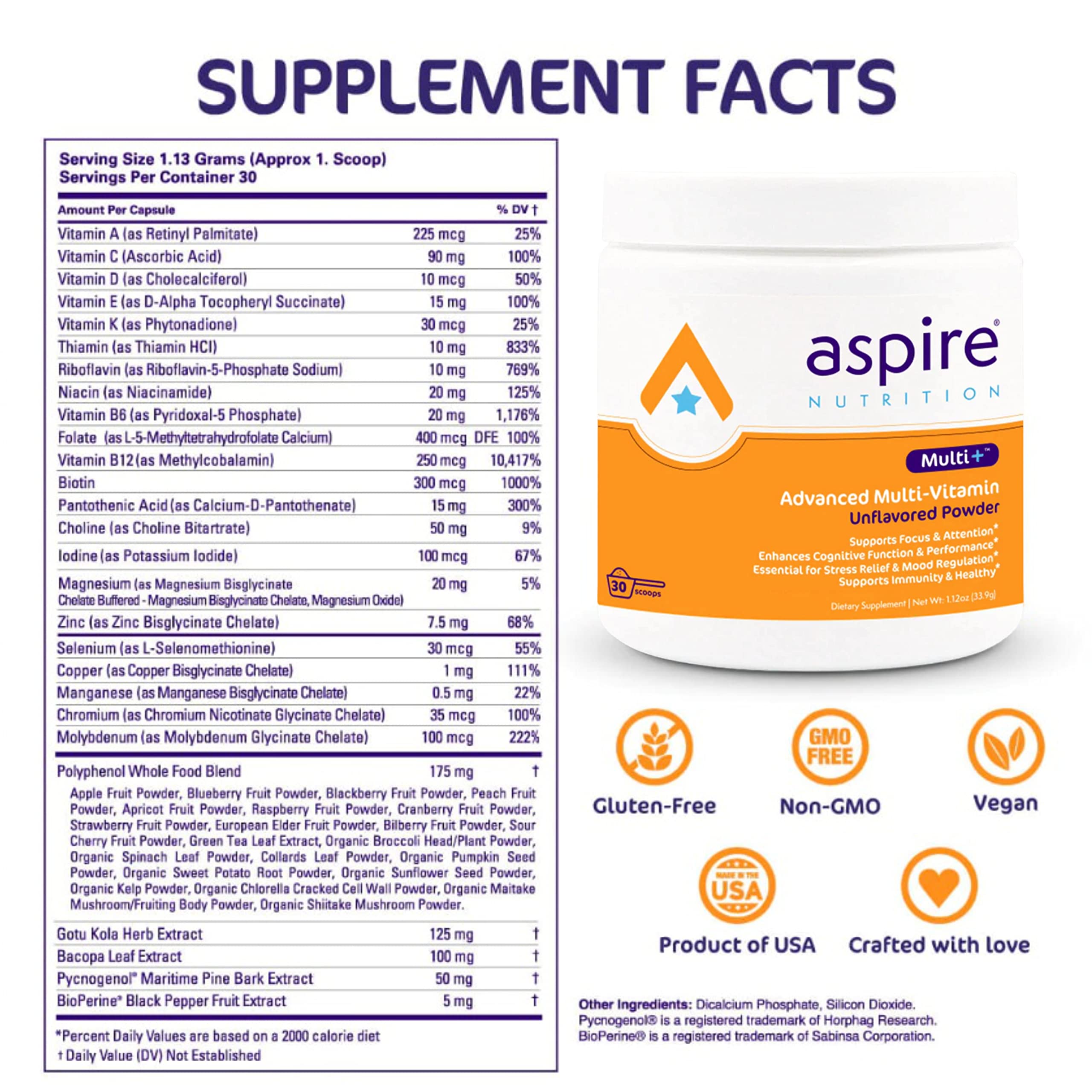 Aspire Nutrition Multi+ Advanced Multivitamin Powder packaging