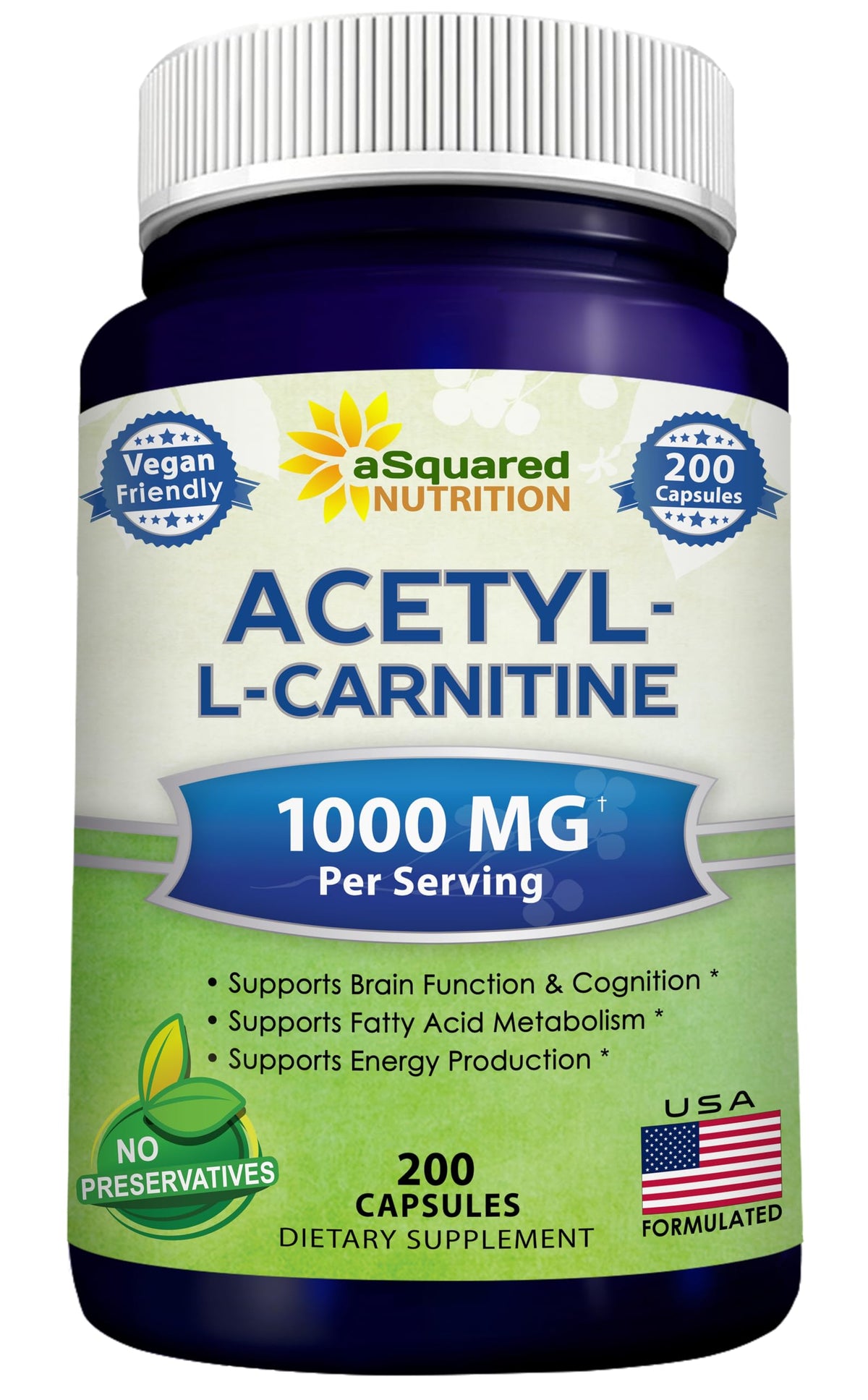 aSquared Nutrition Acetyl L-Carnitine 1000mg 200 Capsules front view