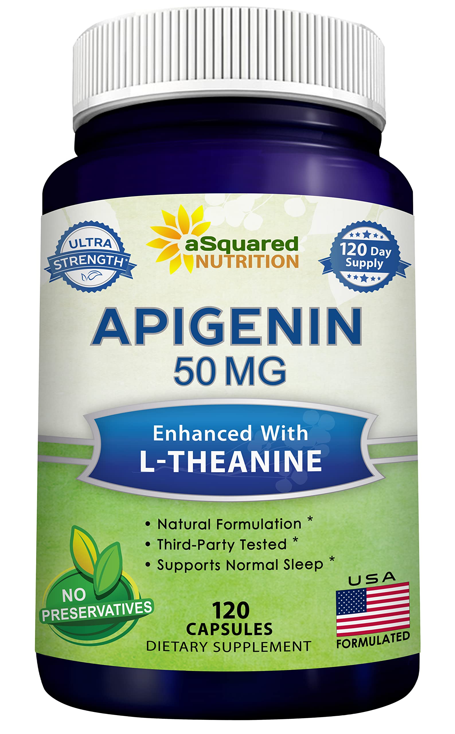 aSquared Nutrition Apigenin and L-Theanine Sleep Supplement bottle front view