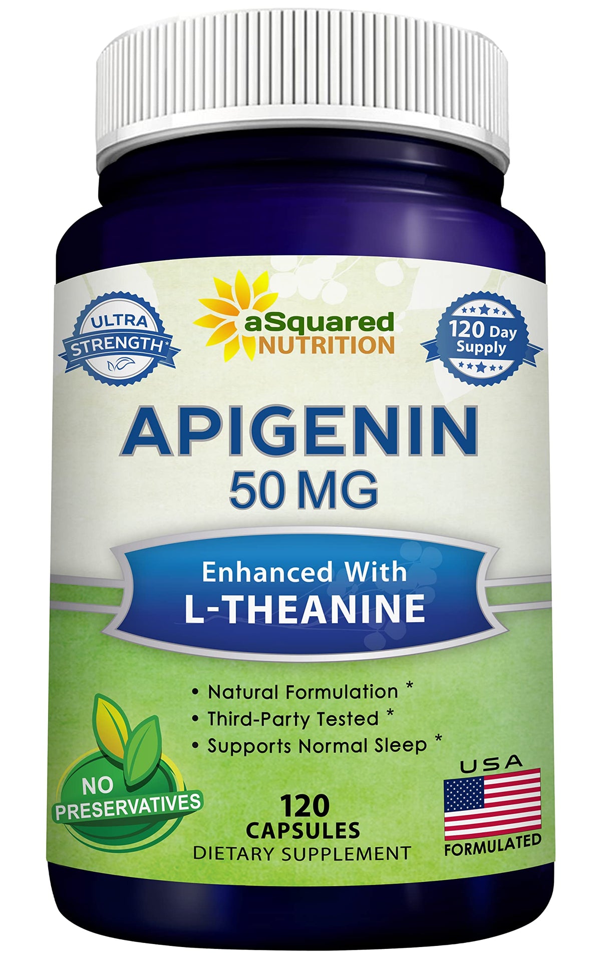 aSquared Nutrition Apigenin and L-Theanine Sleep Supplement bottle front view