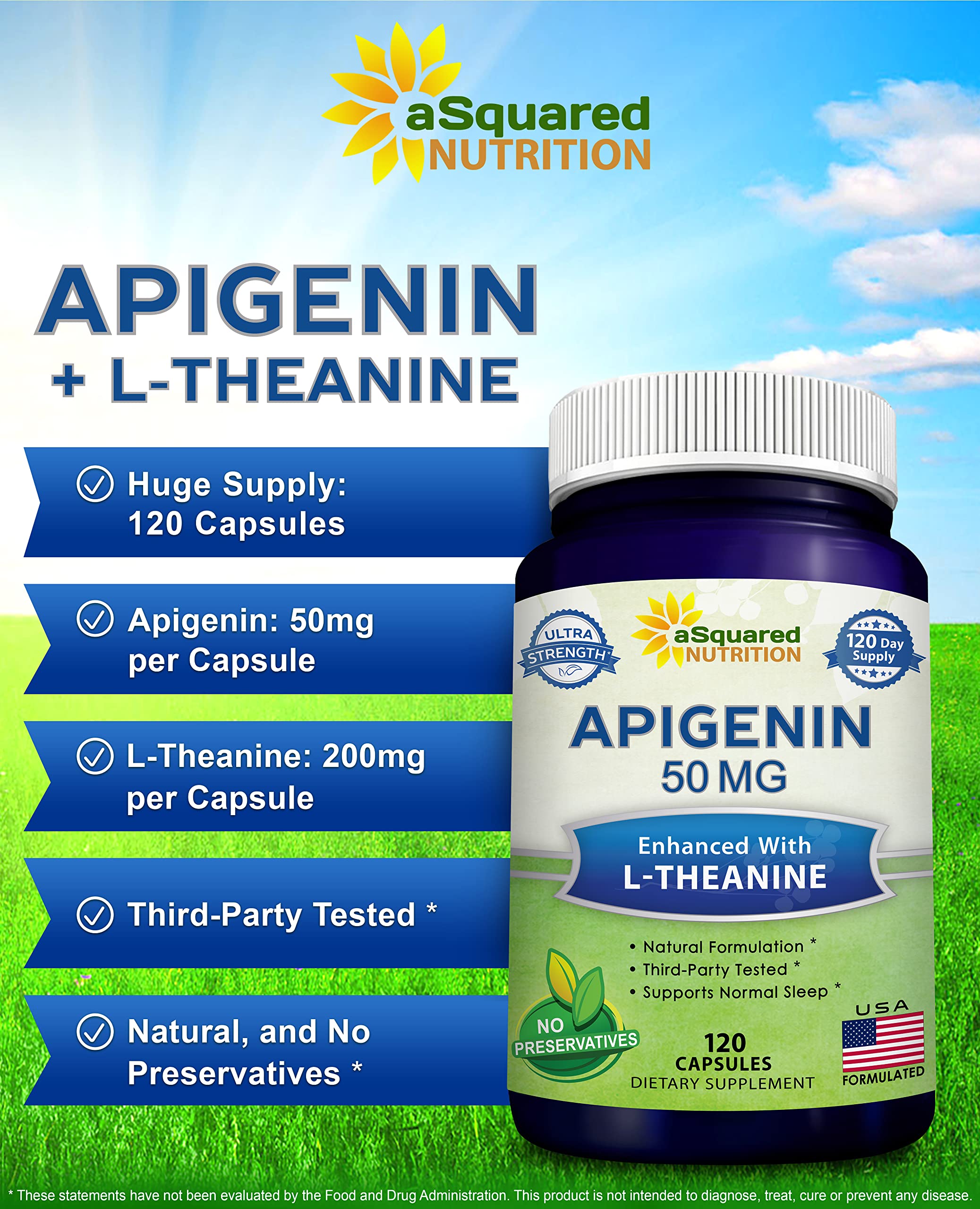 aSquared Nutrition Apigenin and L-Theanine Sleep Supplement bottle side view