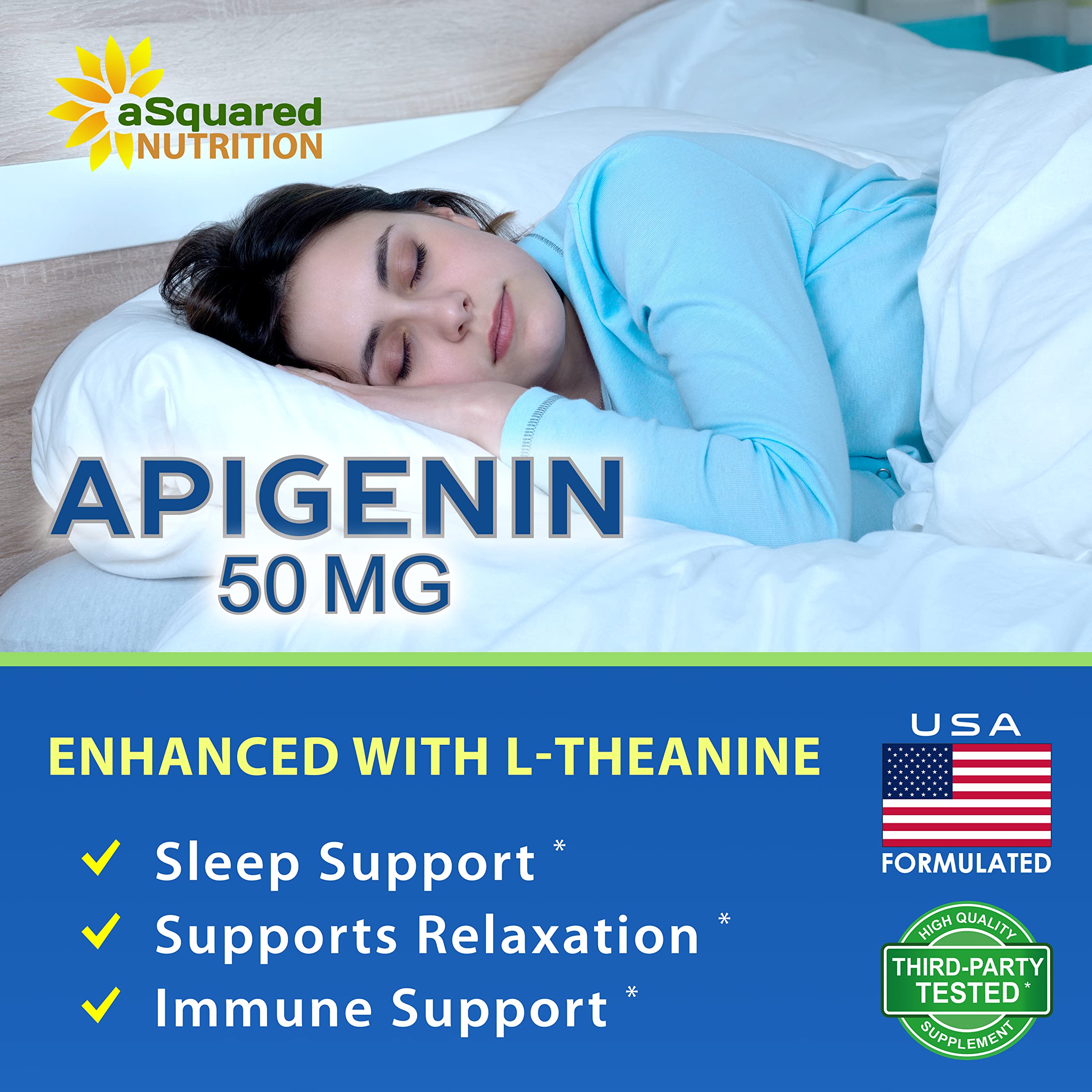 aSquared Nutrition Apigenin and L-Theanine Sleep Supplement capsules close-up