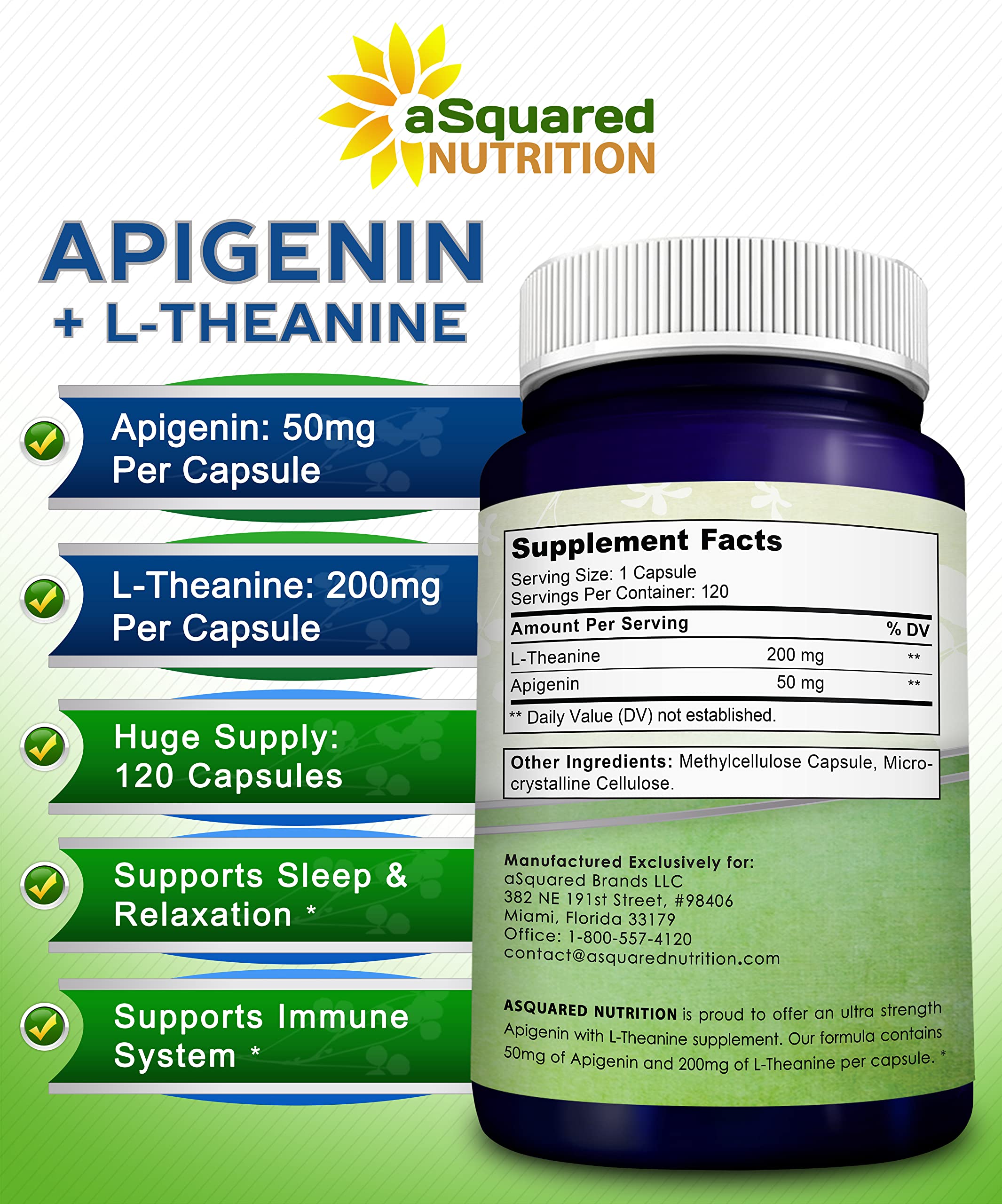 aSquared Nutrition Apigenin and L-Theanine Sleep Supplement ingredients list