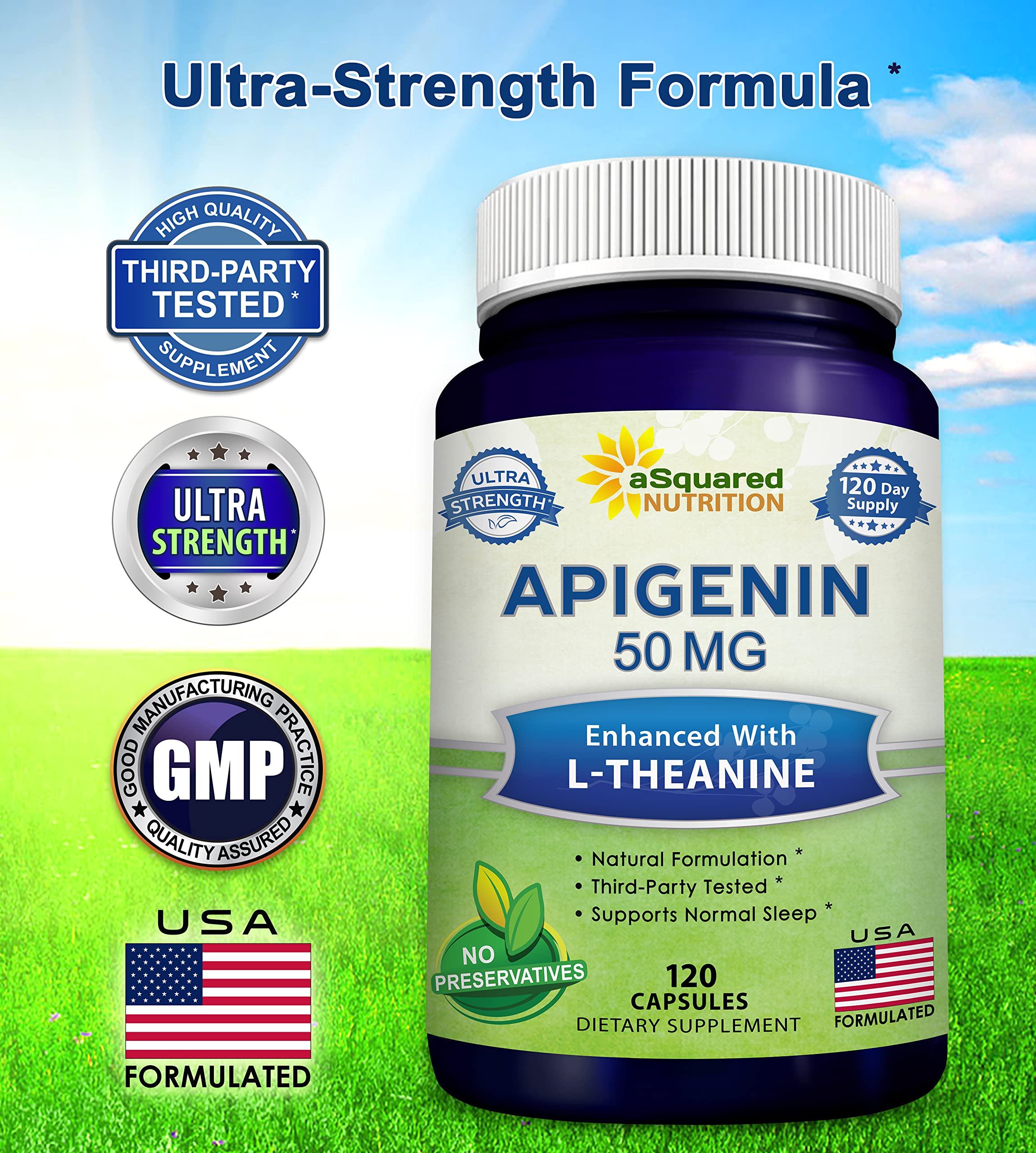 aSquared Nutrition Apigenin and L-Theanine Sleep Supplement on a wooden table