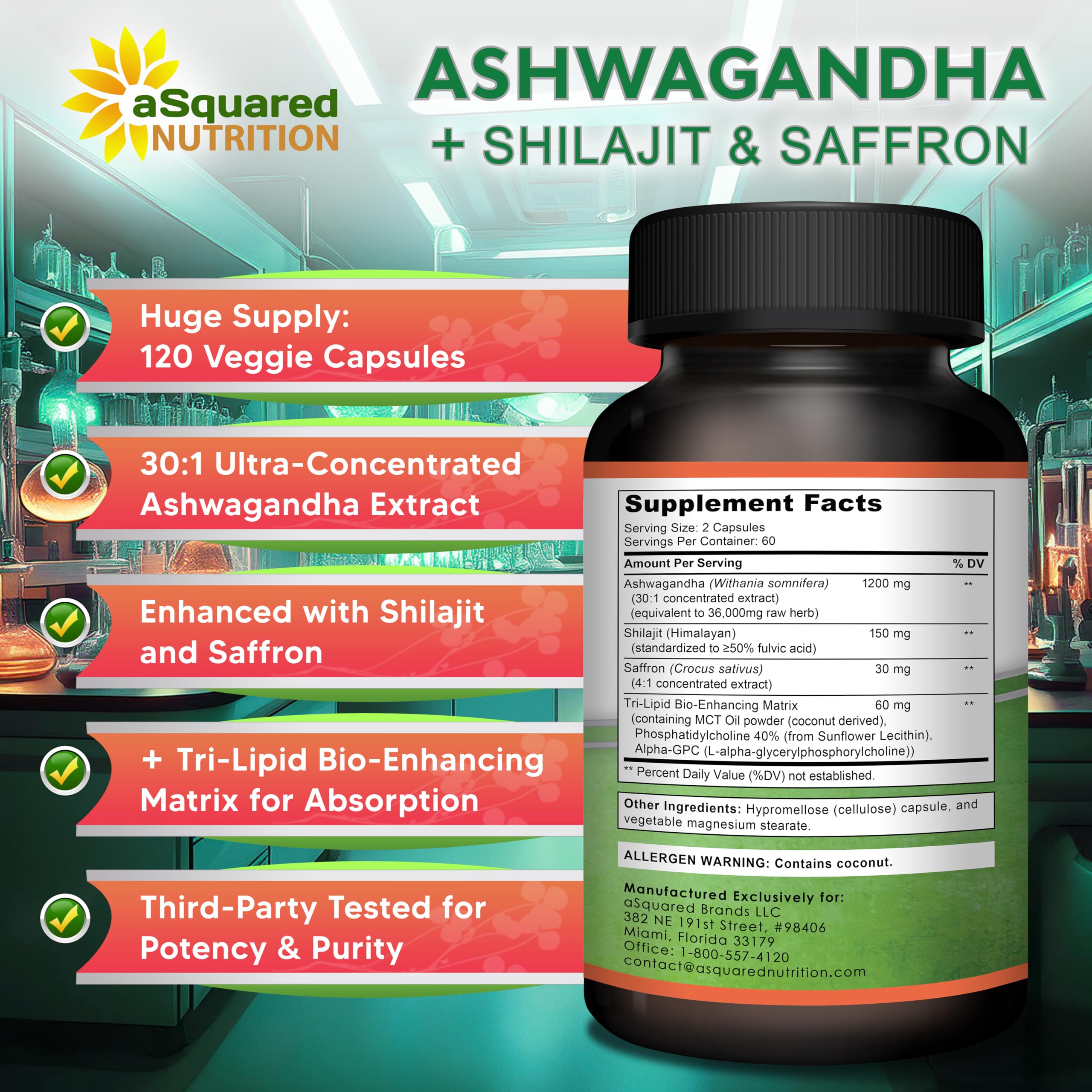 aSquared Nutrition Ashwagandha Supplement 1200mg capsules in hand