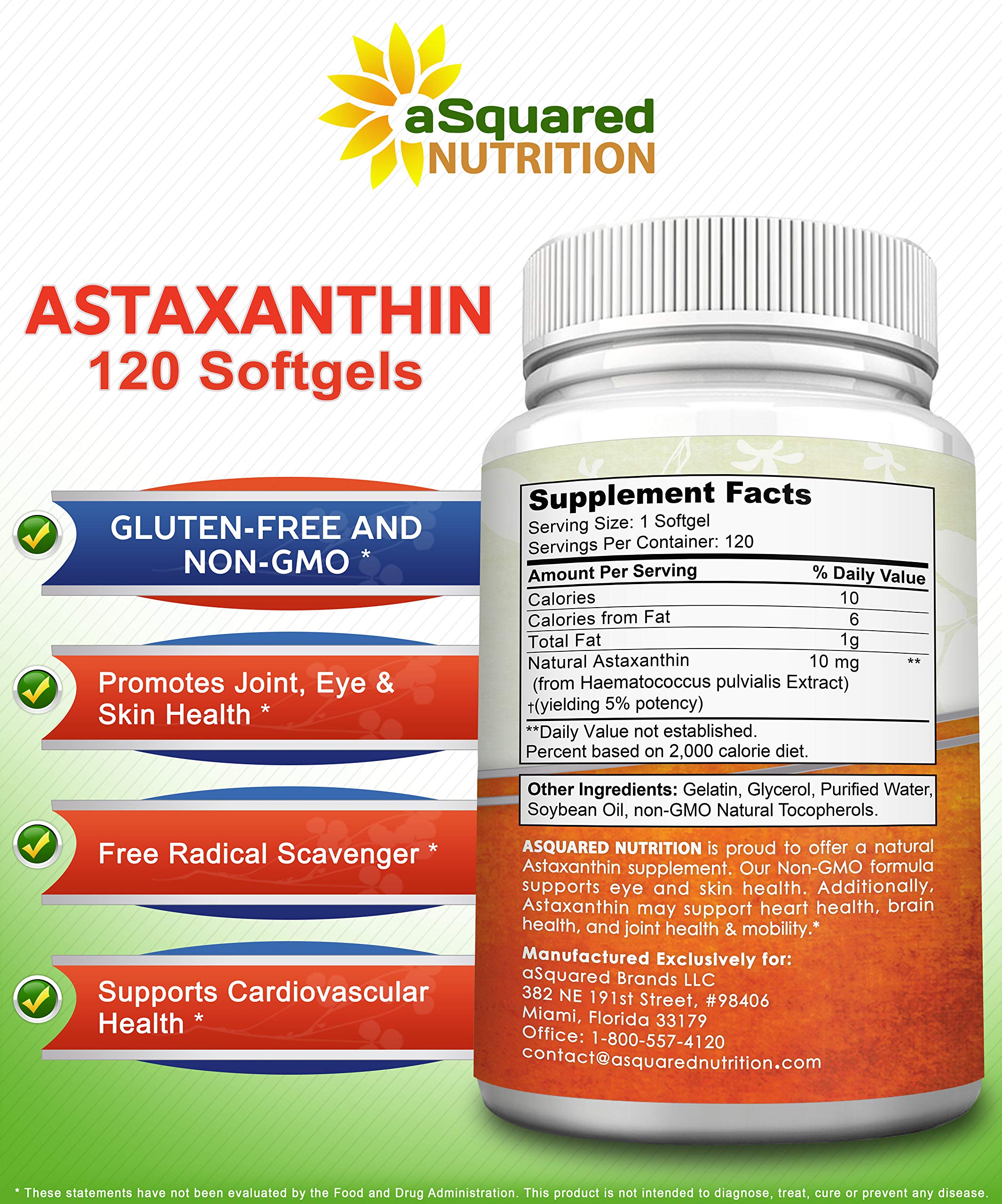 aSquared Nutrition Astaxanthin 10mg Softgels bottle side view