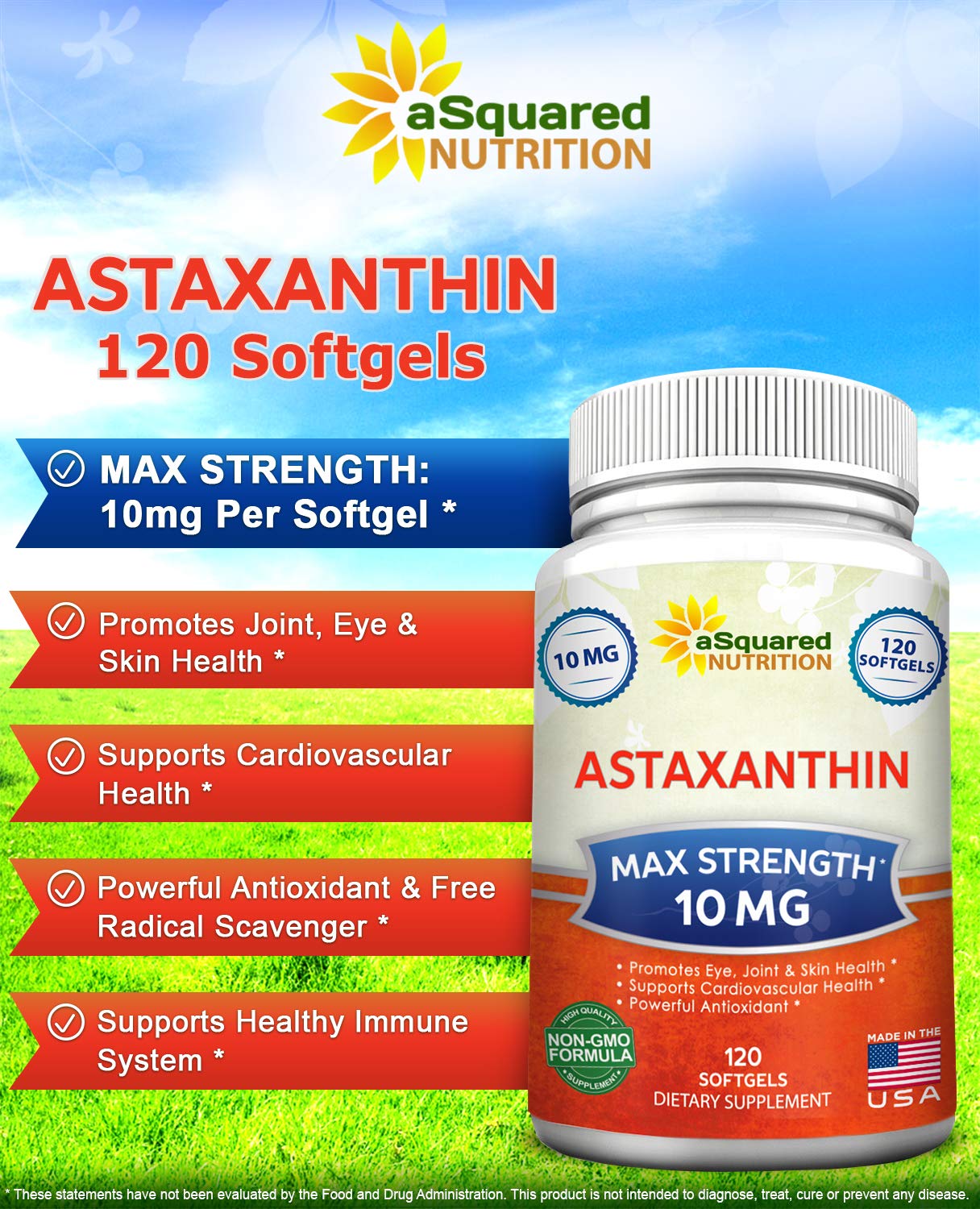 aSquared Nutrition Astaxanthin 10mg Softgels on a wooden table