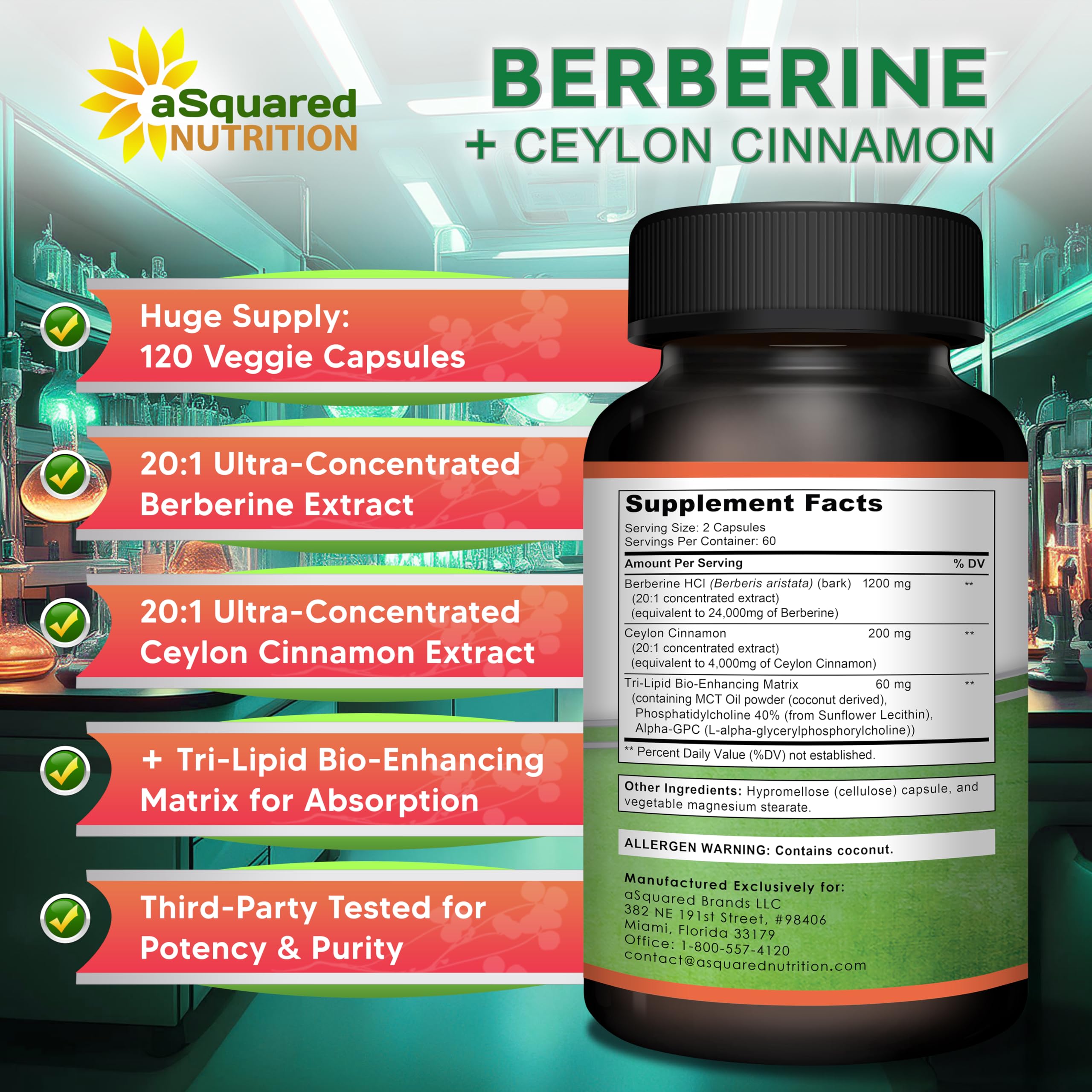 aSquared Nutrition Berberine & Ceylon Cinnamon Supplement ingredients list