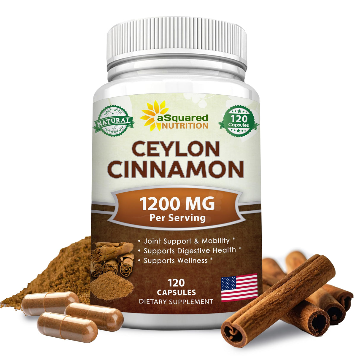 aSquared Nutrition Ceylon Cinnamon 1200mg veggie capsules front view