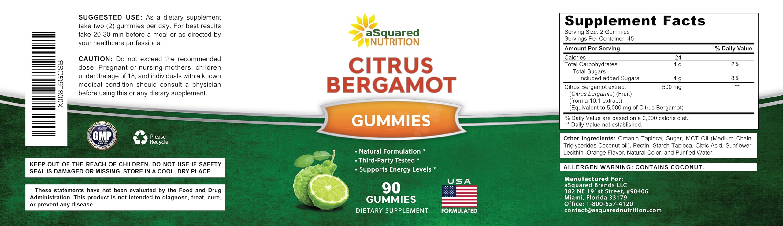 aSquared Nutrition Citrus Bergamot Gummies ingredients list
