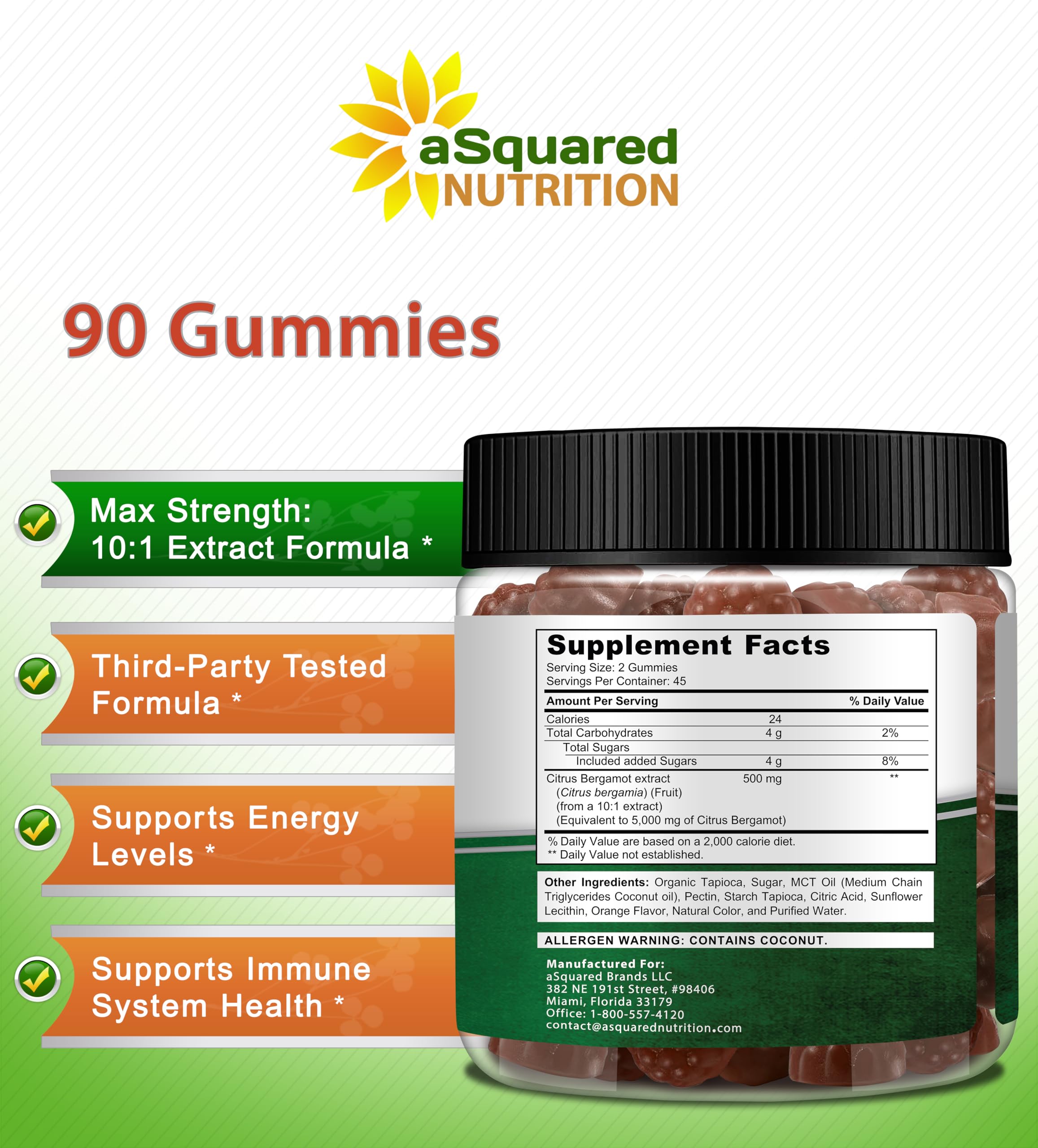aSquared Nutrition Citrus Bergamot Gummies nutritional information
