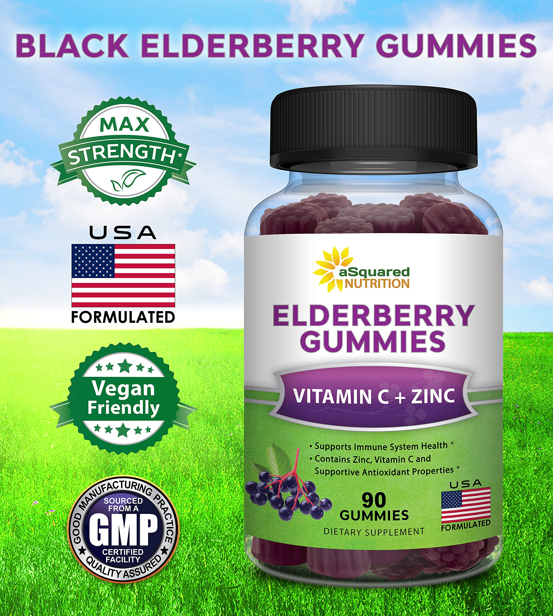 aSquared Nutrition Elderberry Gummies packaging with ingredients listed