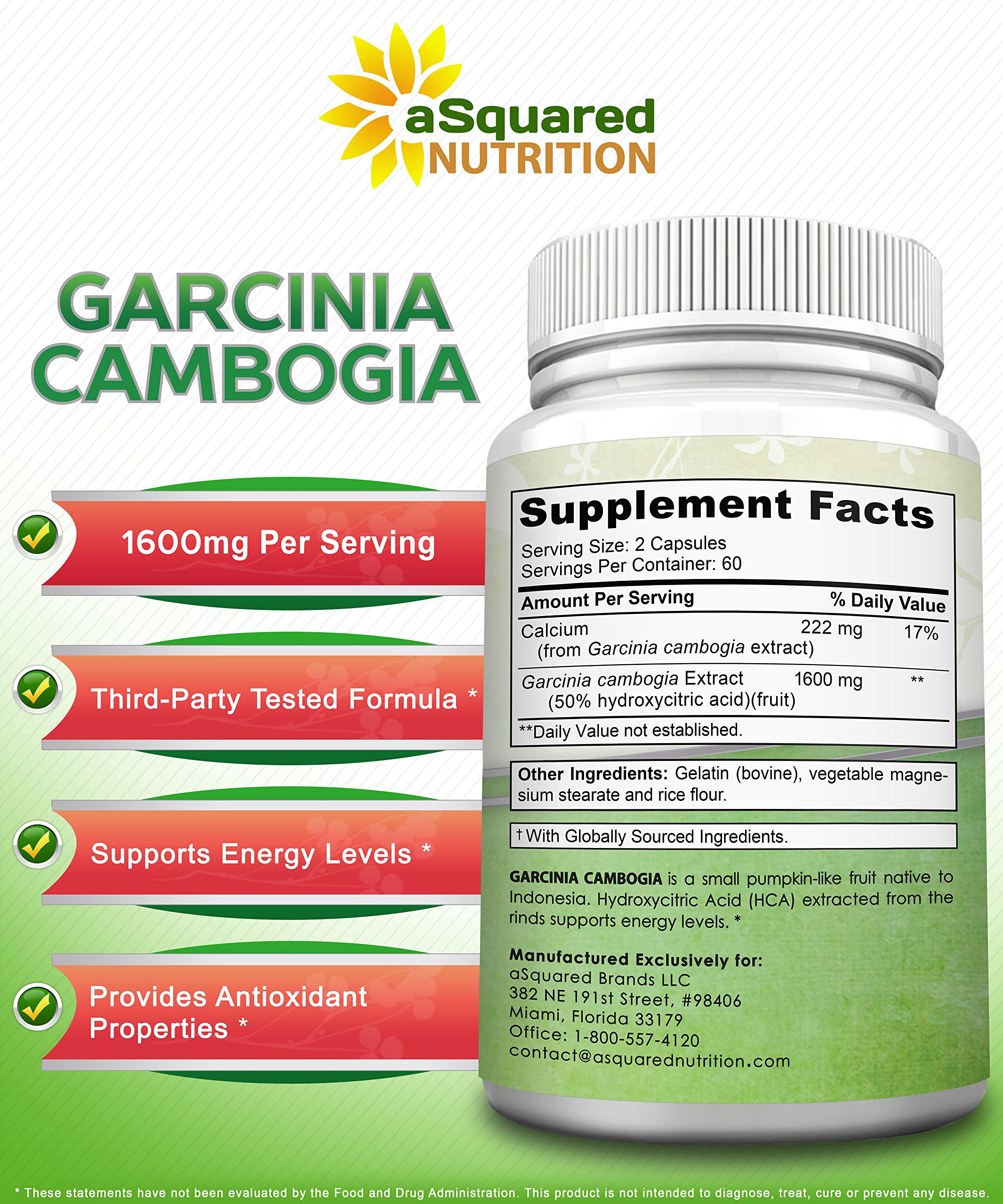 aSquared Nutrition Garcinia Cambogia 1600mg bottle in a kitchen setting