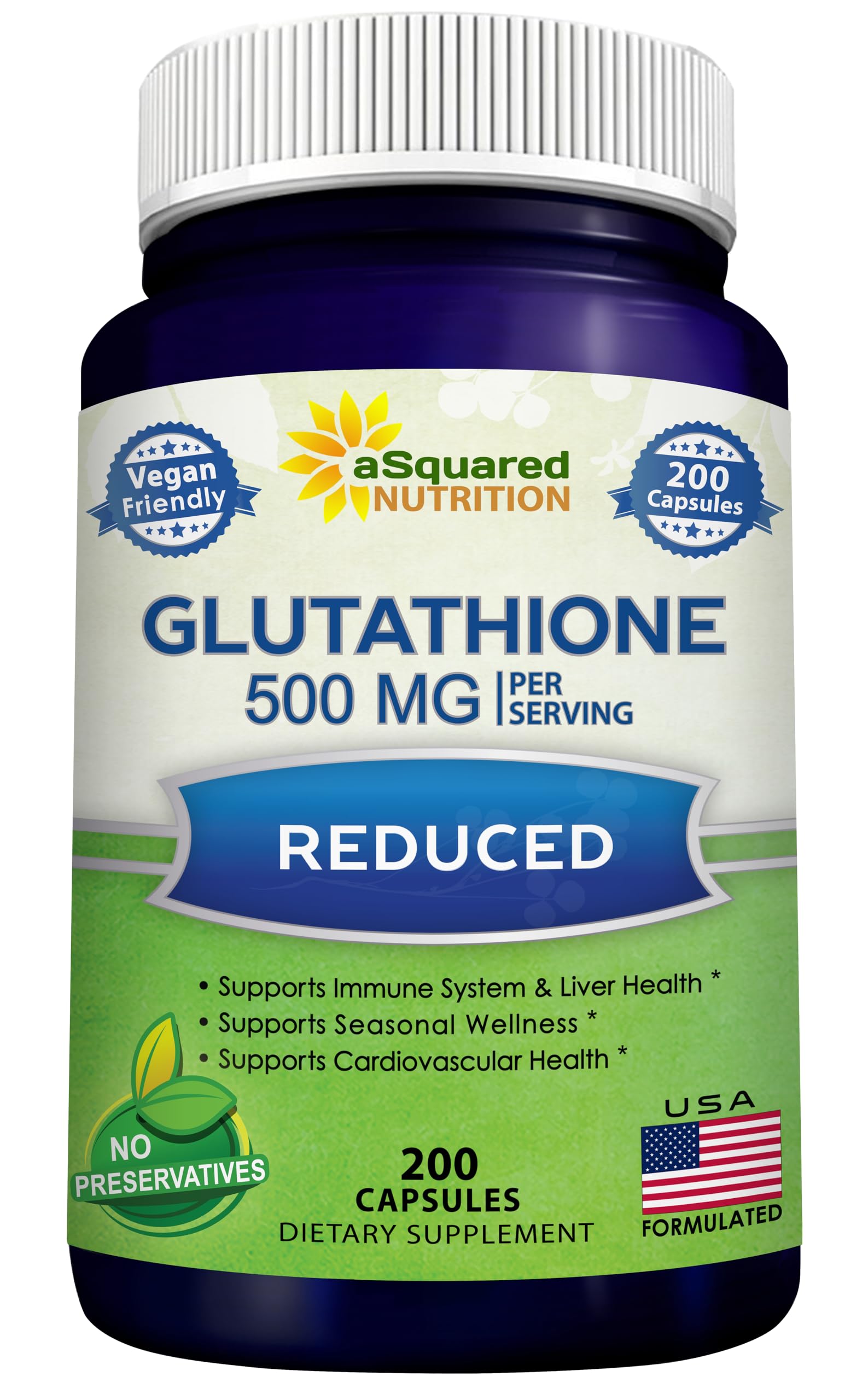 aSquared Nutrition Glutathione 500mg 200 vegetable capsules front view
