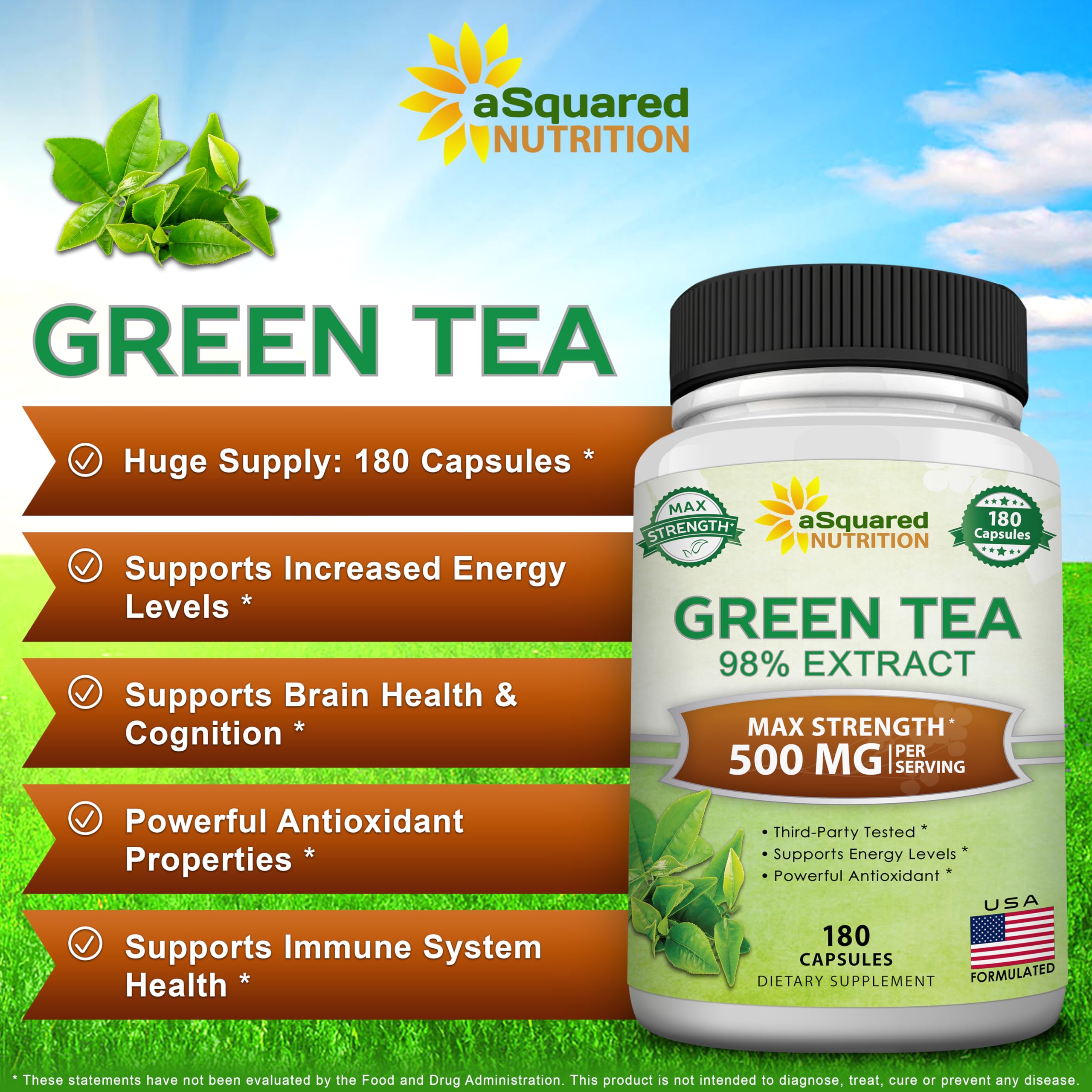 aSquared Nutrition Green Tea Extract 500mg 180 Capsules bottle with label