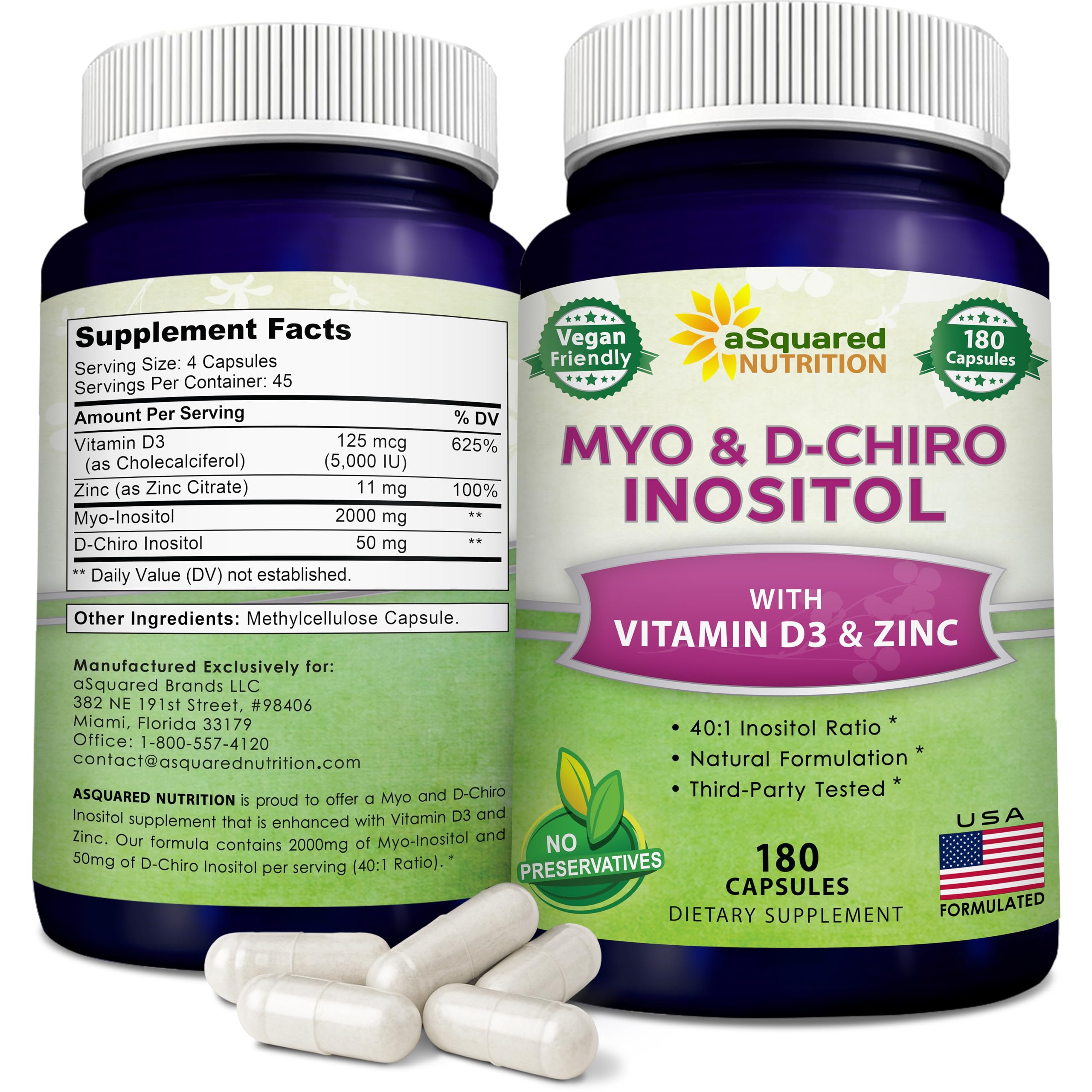 aSquared Nutrition Inositol Supplement 180 capsules front view