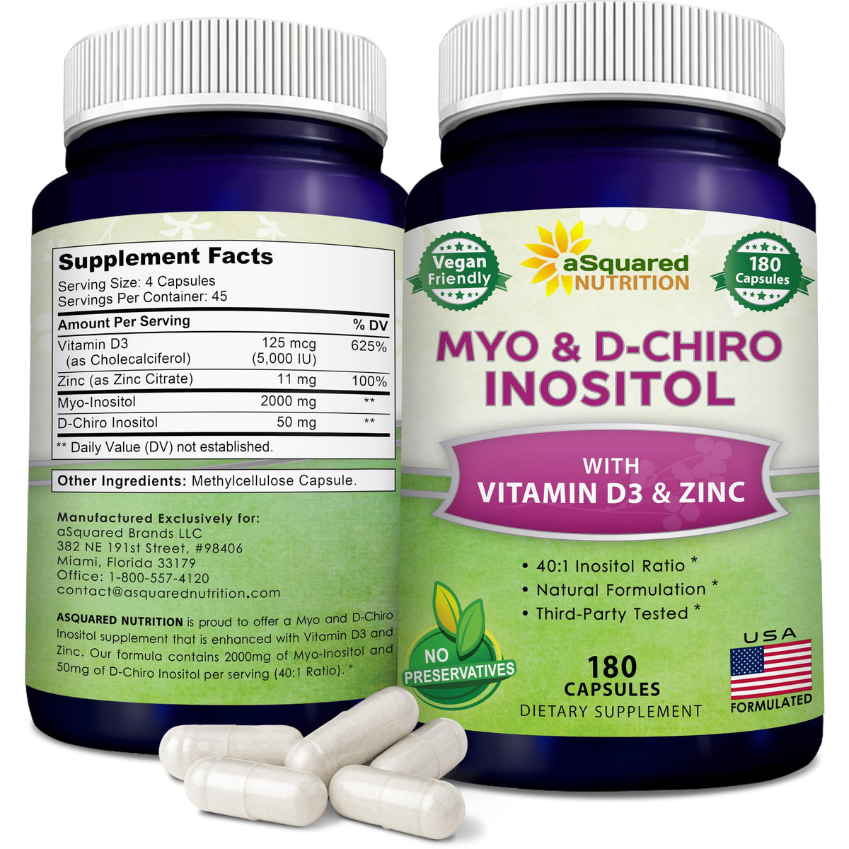 aSquared Nutrition Inositol Supplement 180 capsules front view