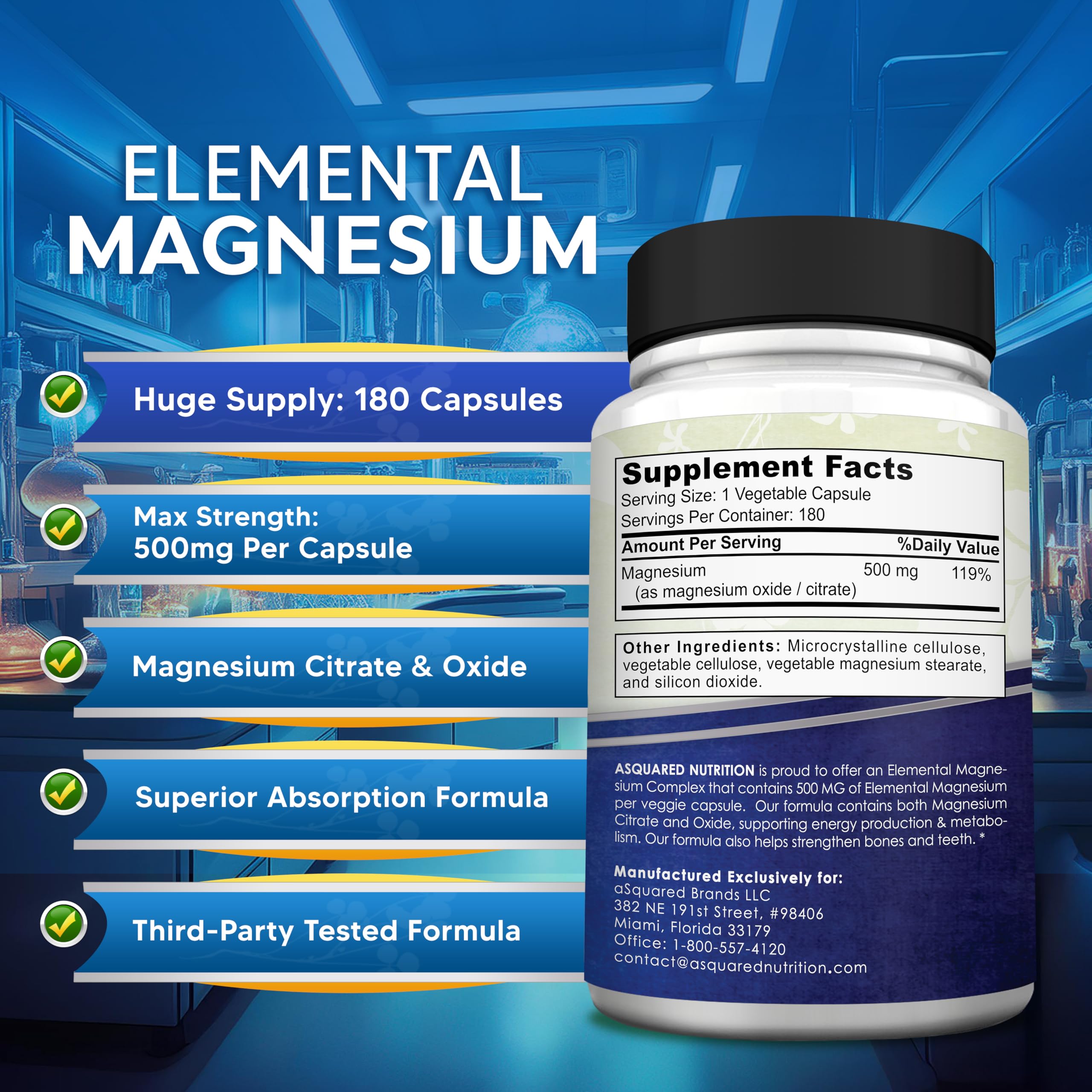 aSquared Nutrition Magnesium 500mg Capsules with measuring spoon