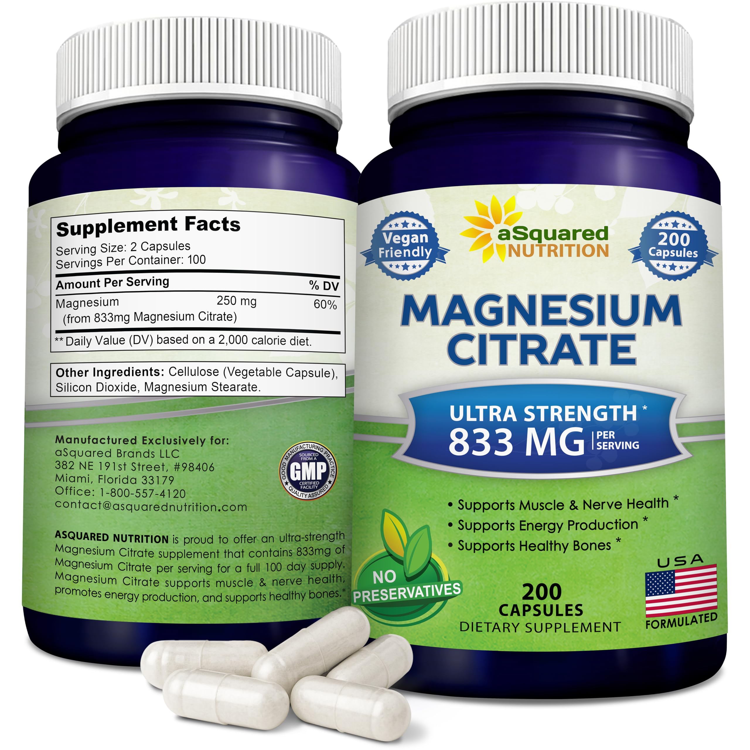 aSquared Nutrition Magnesium Citrate 200 capsules bottle front view