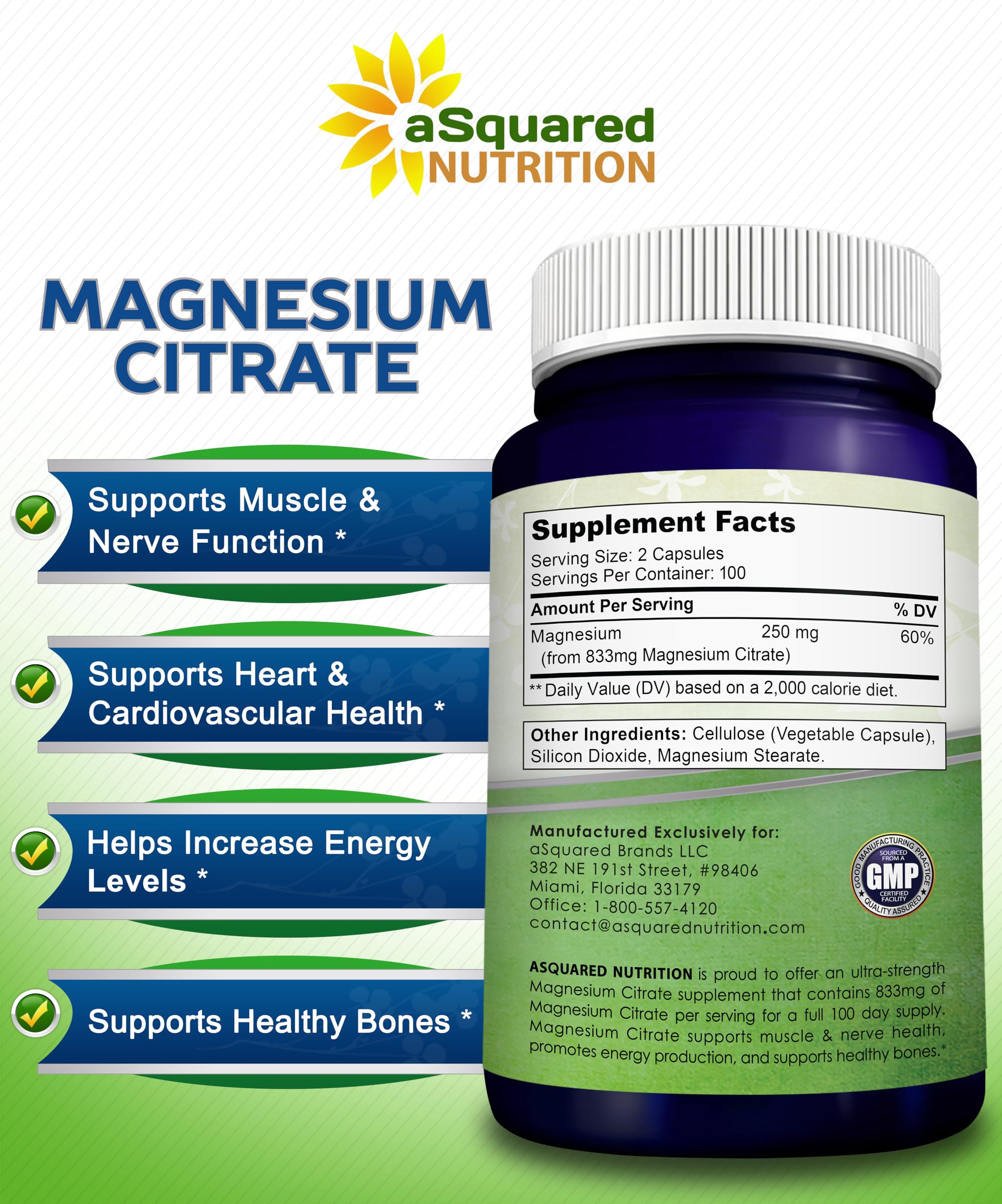 aSquared Nutrition Magnesium Citrate capsules on a wooden surface