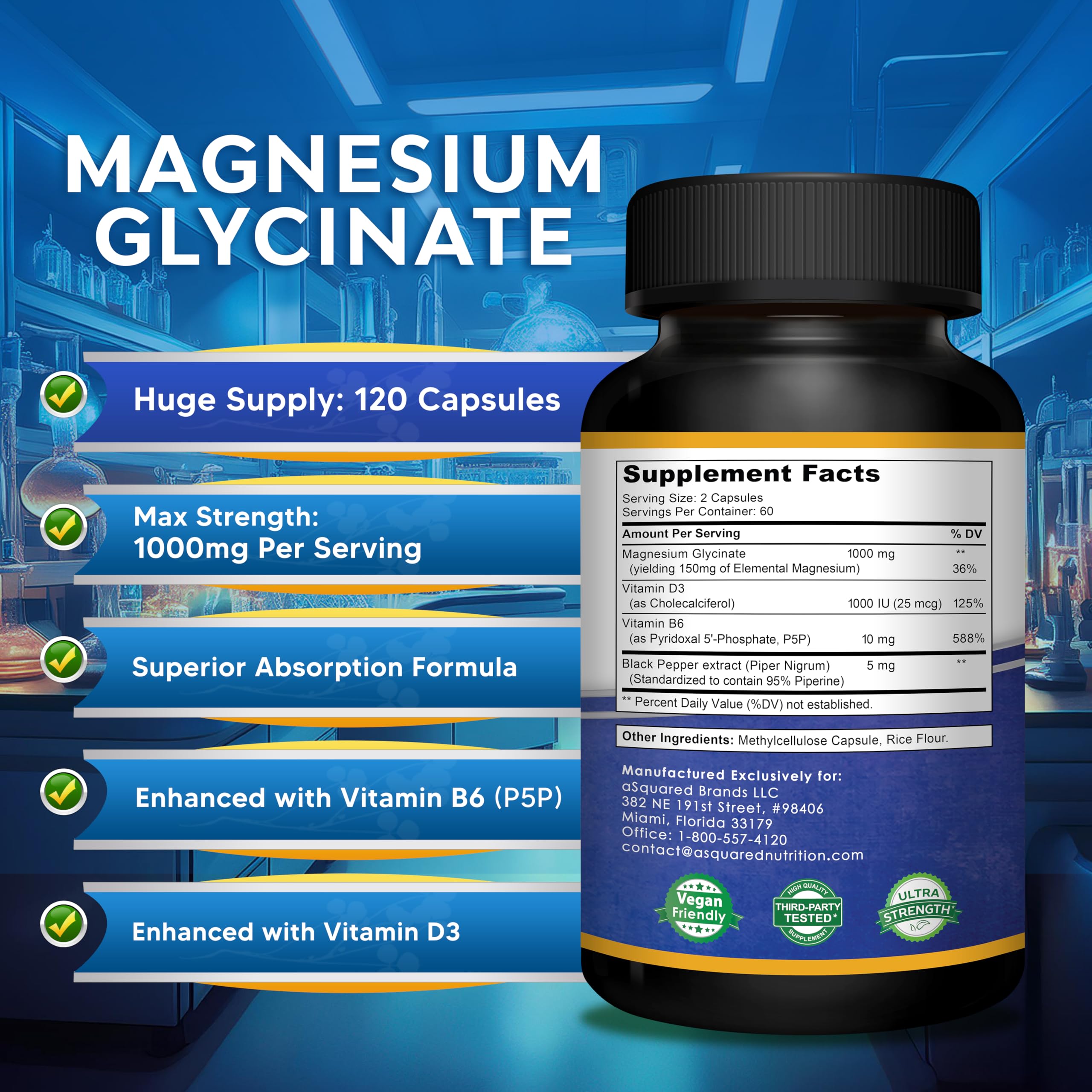 aSquared Nutrition Magnesium Glycinate 1000mg bottle with capsules scattered