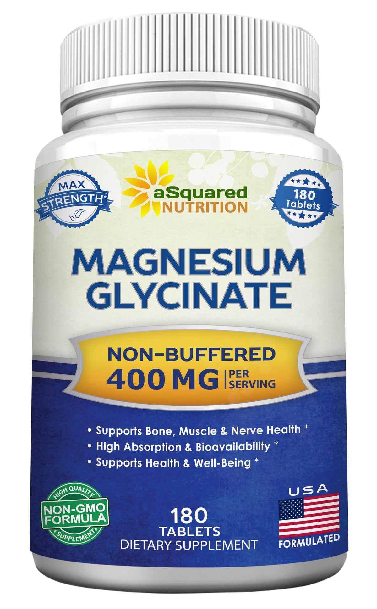 aSquared Nutrition Magnesium Glycinate 400mg 180 Tablets front view