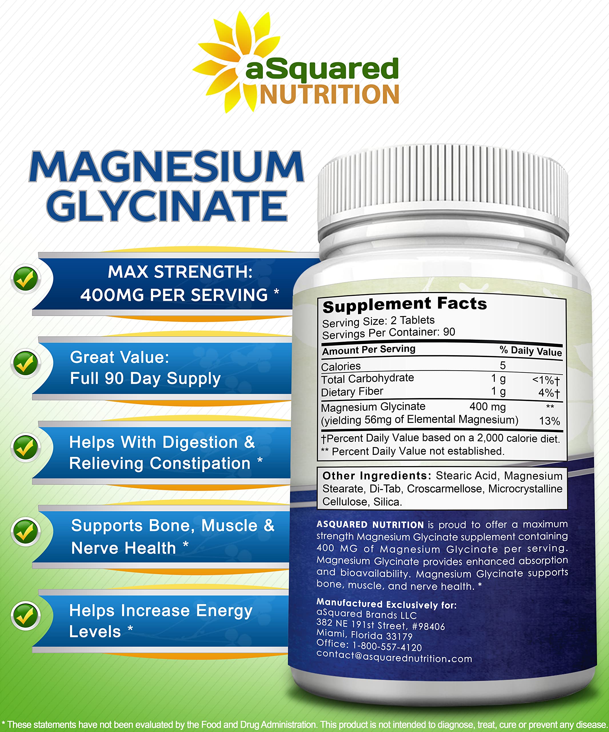 aSquared Nutrition Magnesium Glycinate 400mg bottle with dosage information