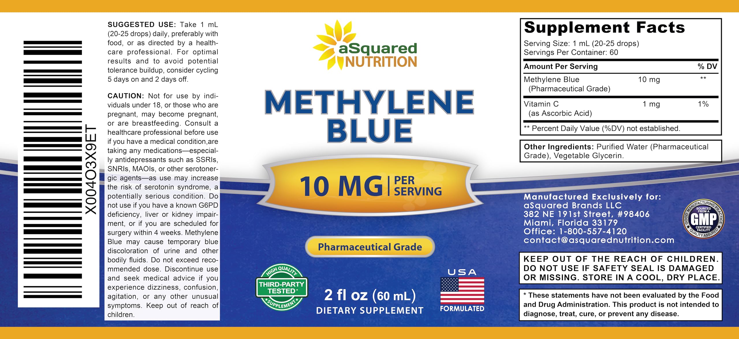 aSquared Nutrition Methylene Blue 10mg product label
