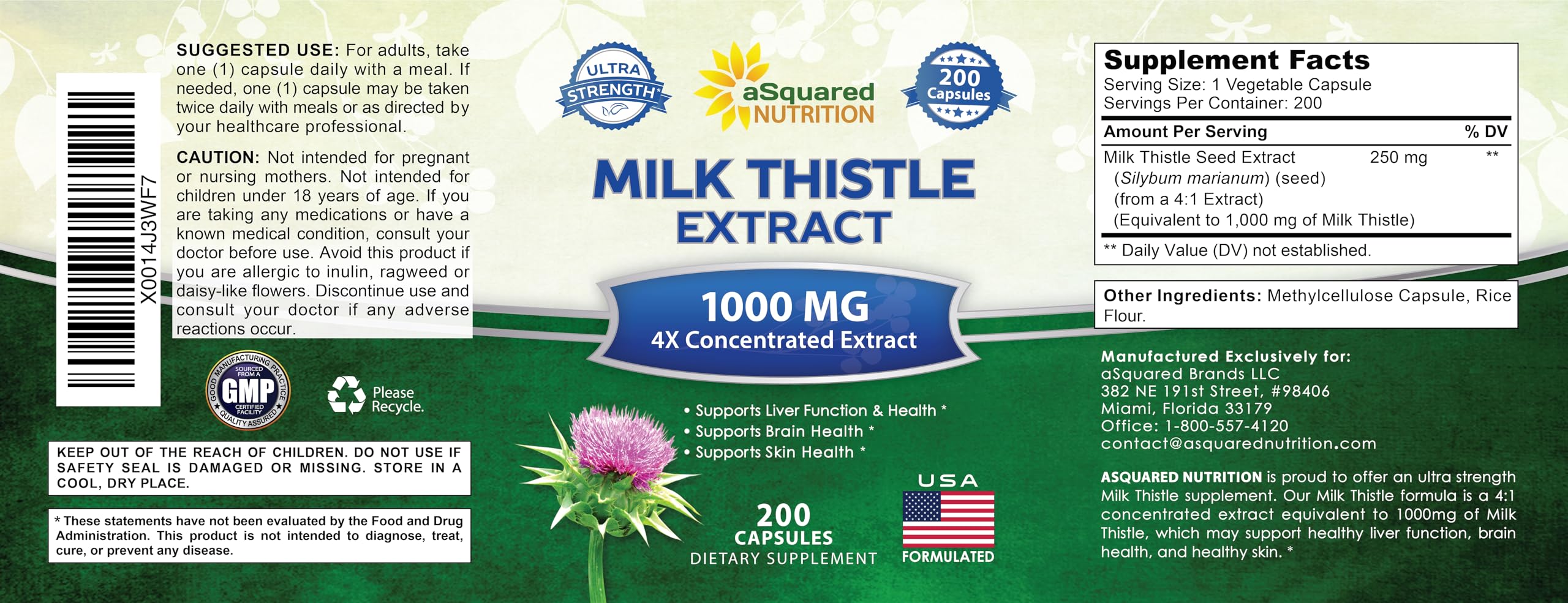 aSquared Nutrition Milk Thistle Extract 250mg bottle on a wooden table
