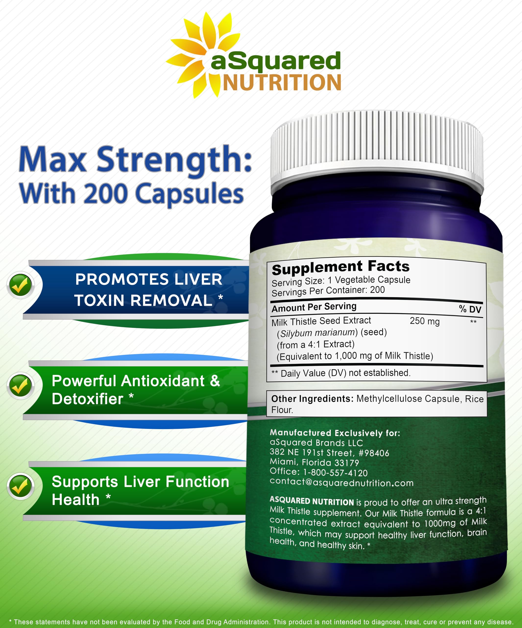 aSquared Nutrition Milk Thistle Extract 250mg packaging details