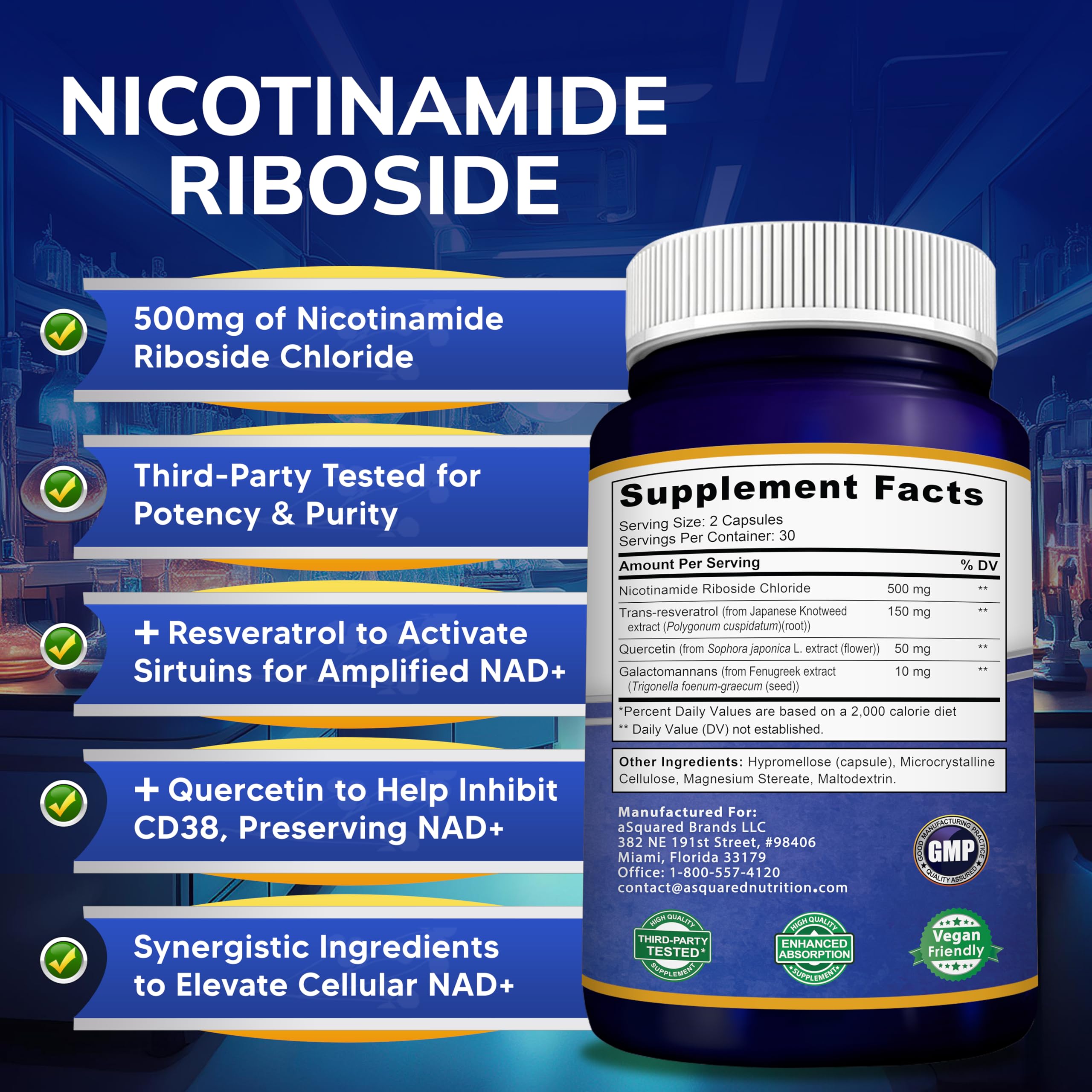 aSquared Nutrition NAD+ Supplement 710mg ingredients list