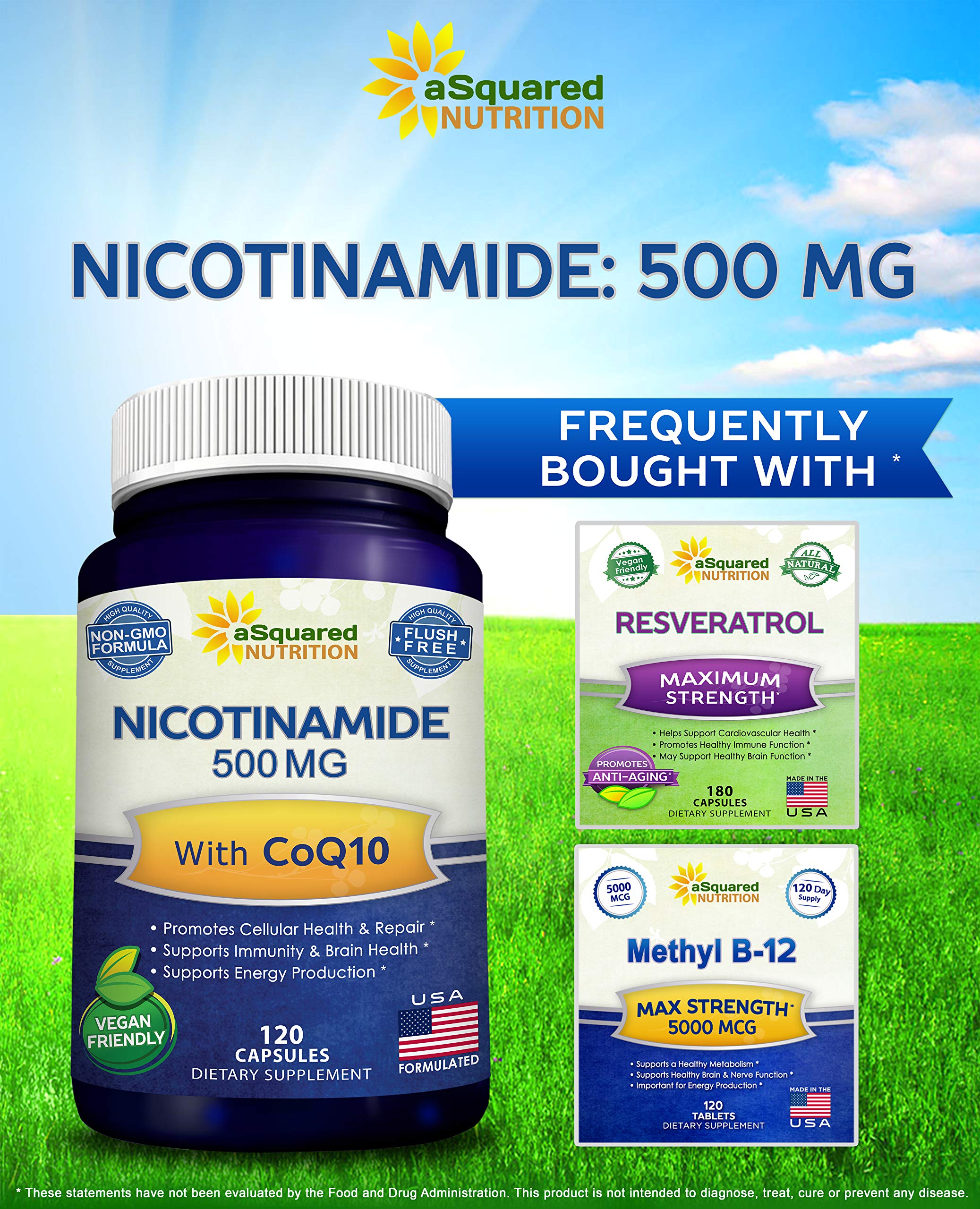 aSquared Nutrition Nicotinamide CoQ10 capsules on a wooden surface
