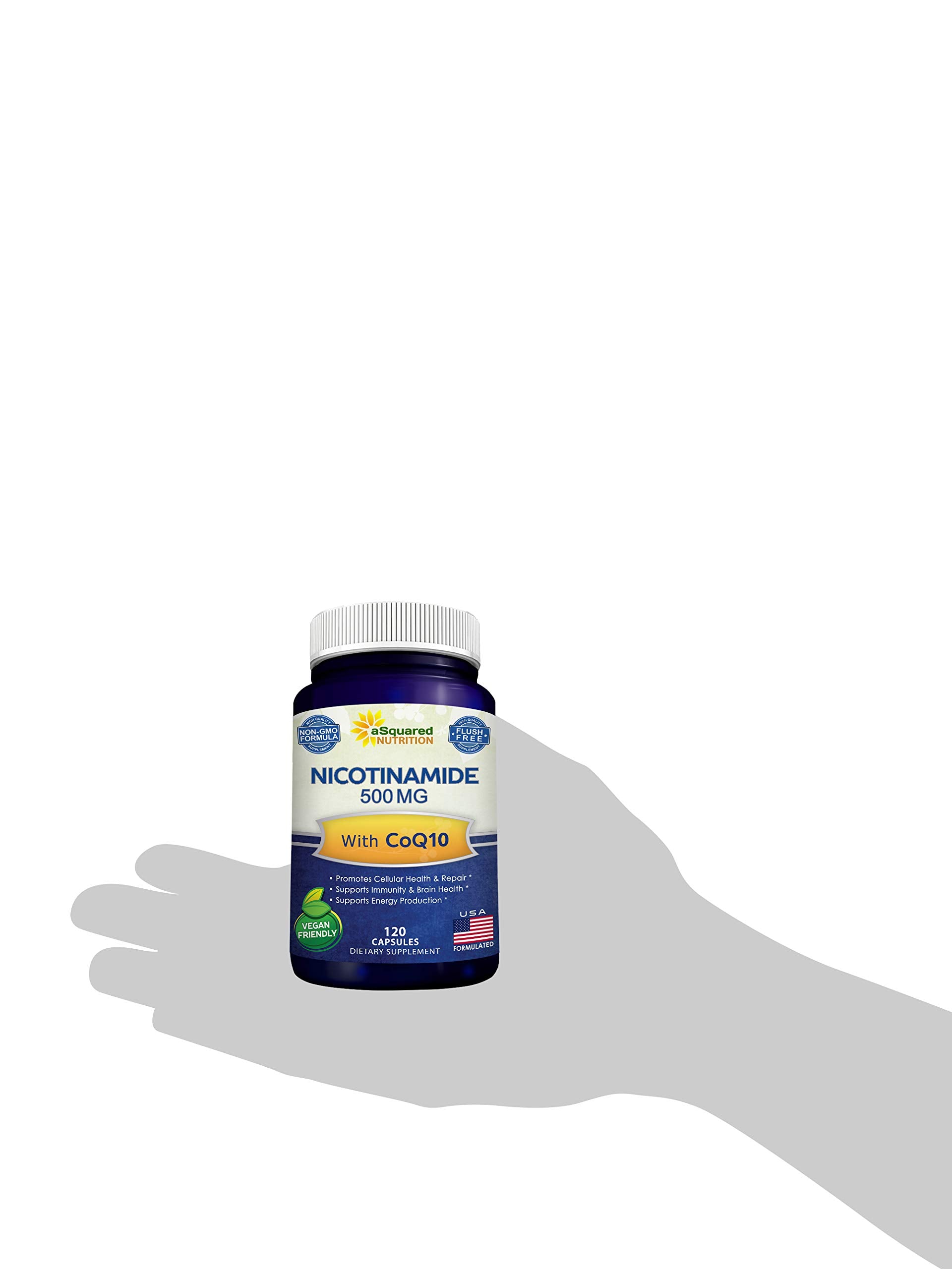 aSquared Nutrition Nicotinamide CoQ10 supplement displayed with other vitamins