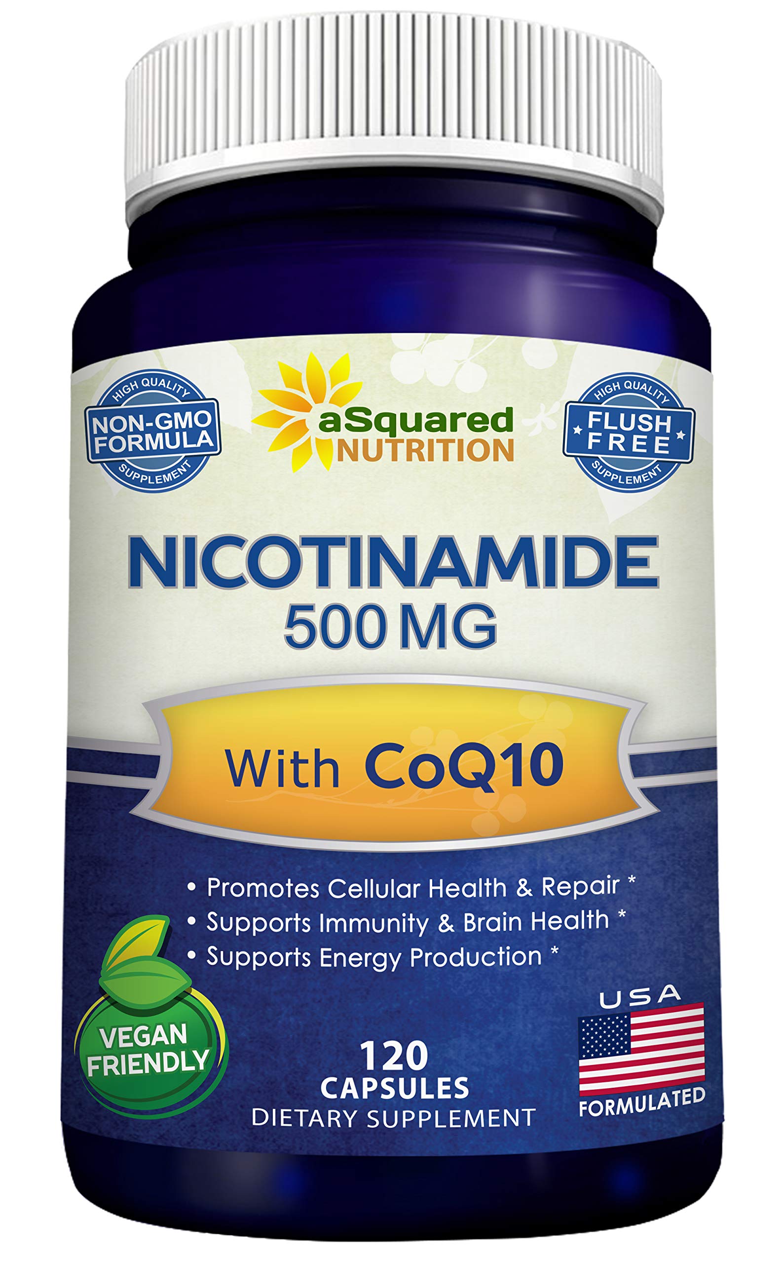 aSquared Nutrition Nicotinamide CoQ10 supplement front view with 120 capsules