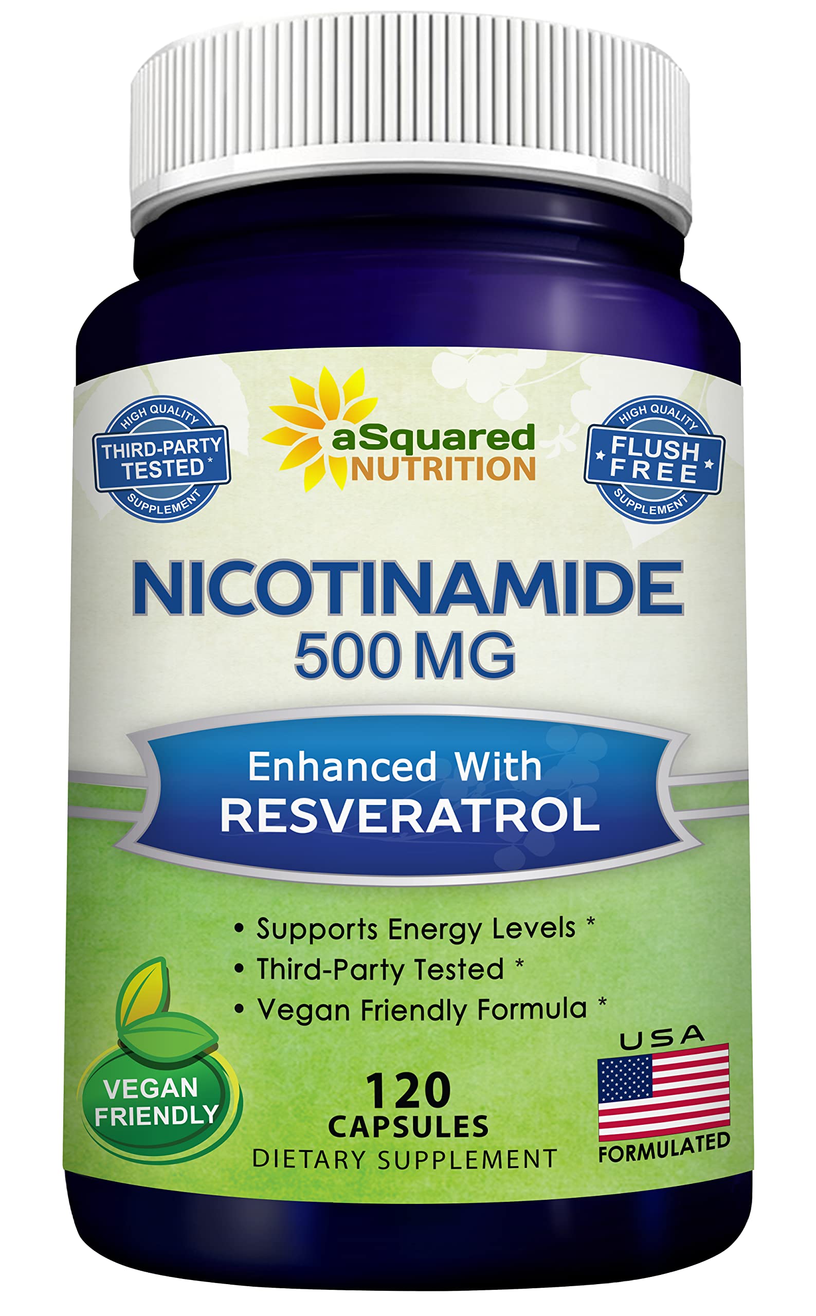 aSquared Nutrition Nicotinamide Resveratrol 500mg supplement front view