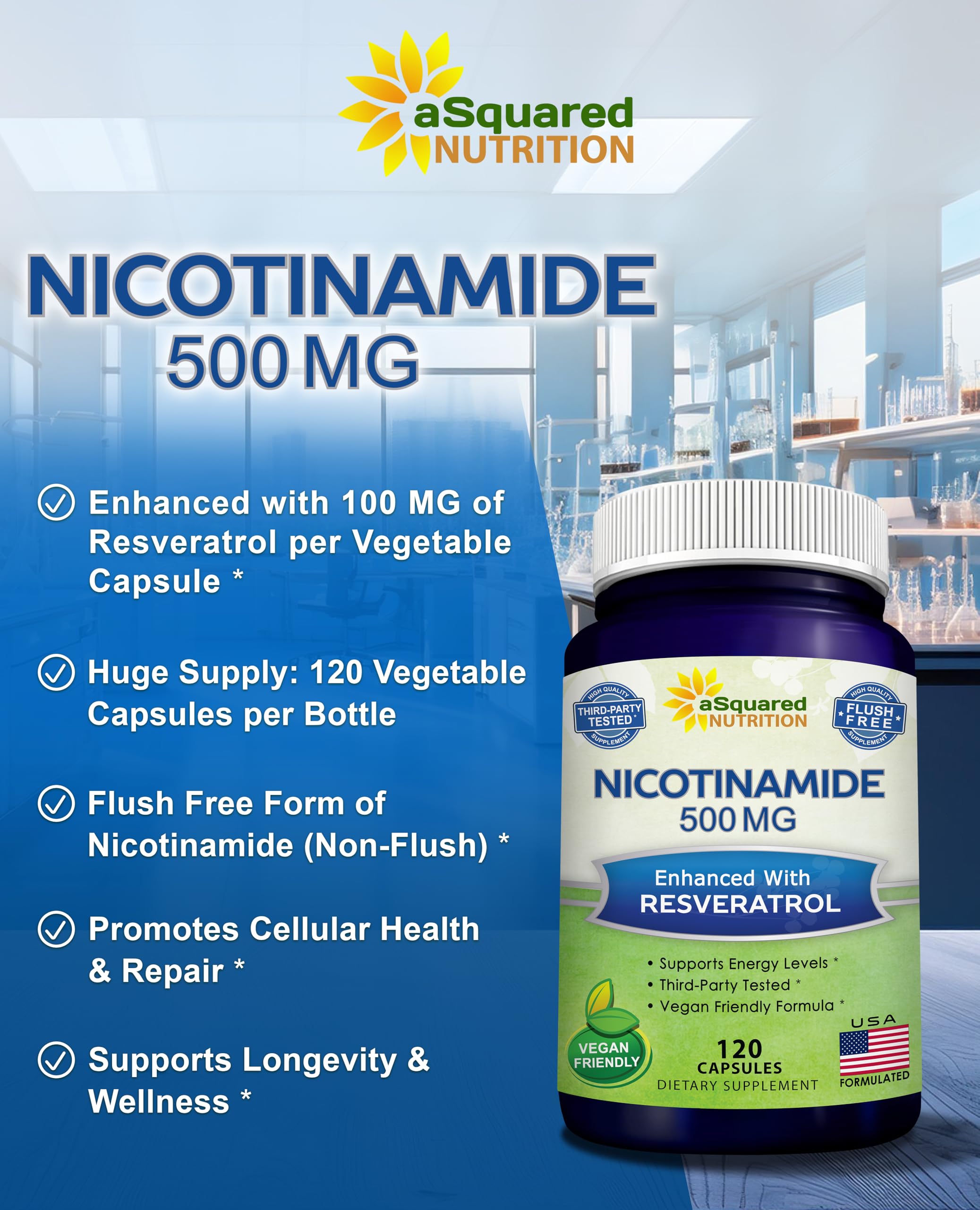 aSquared Nutrition Nicotinamide Resveratrol 500mg supplement side view