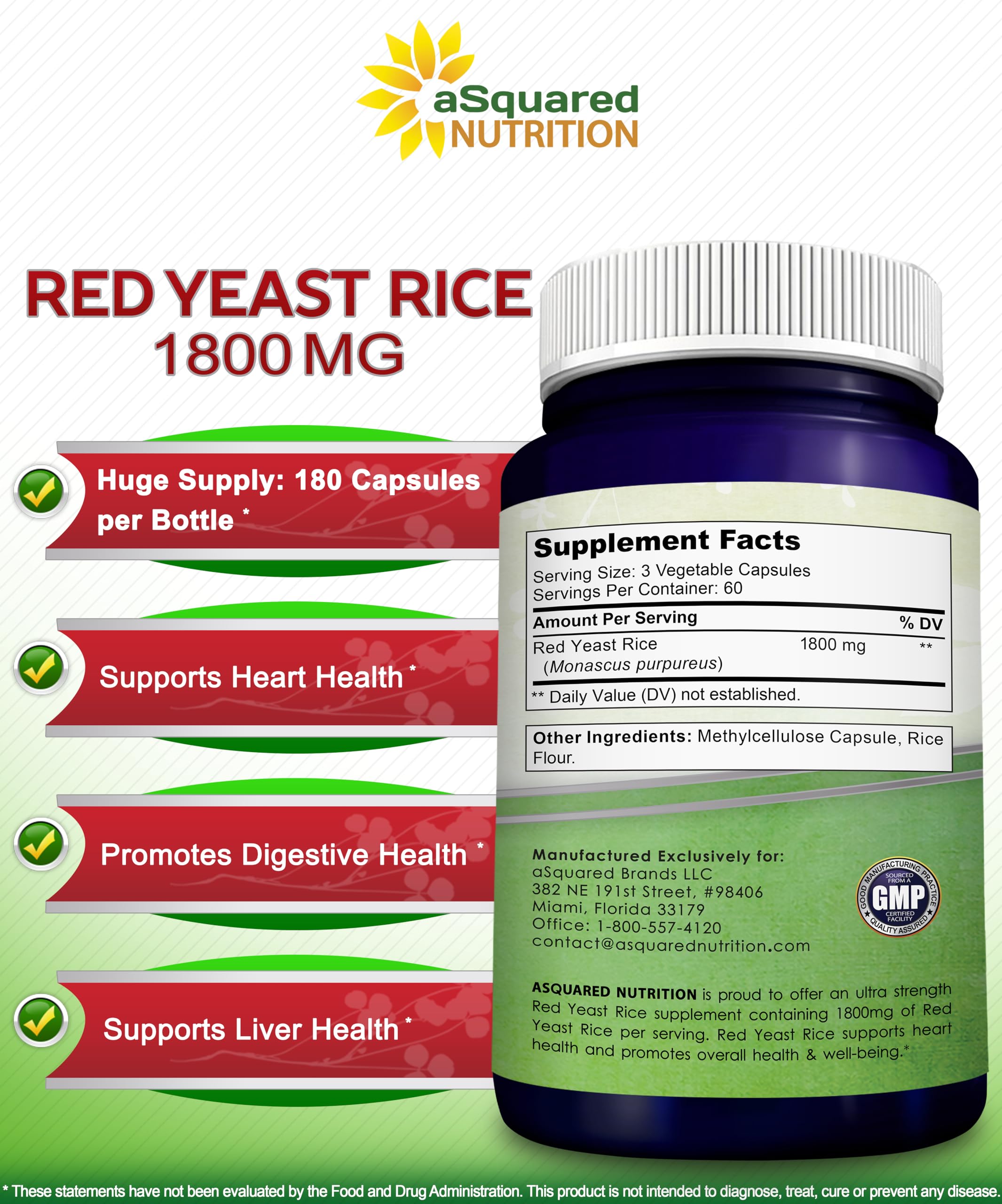 aSquared Nutrition Red Yeast Rice 1800mg bottle opened with capsules visible