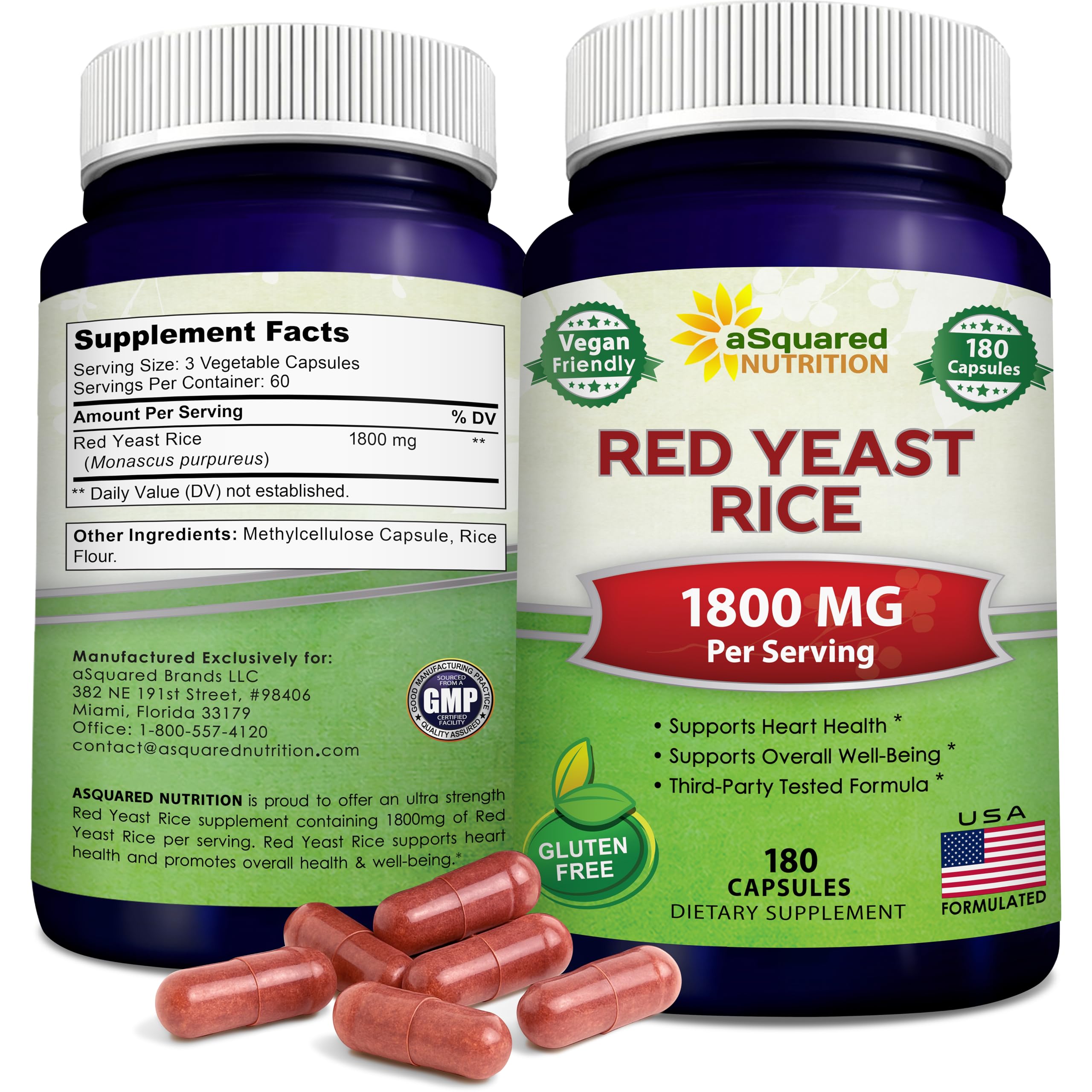 aSquared Nutrition Red Yeast Rice 1800mg veggie capsules front view