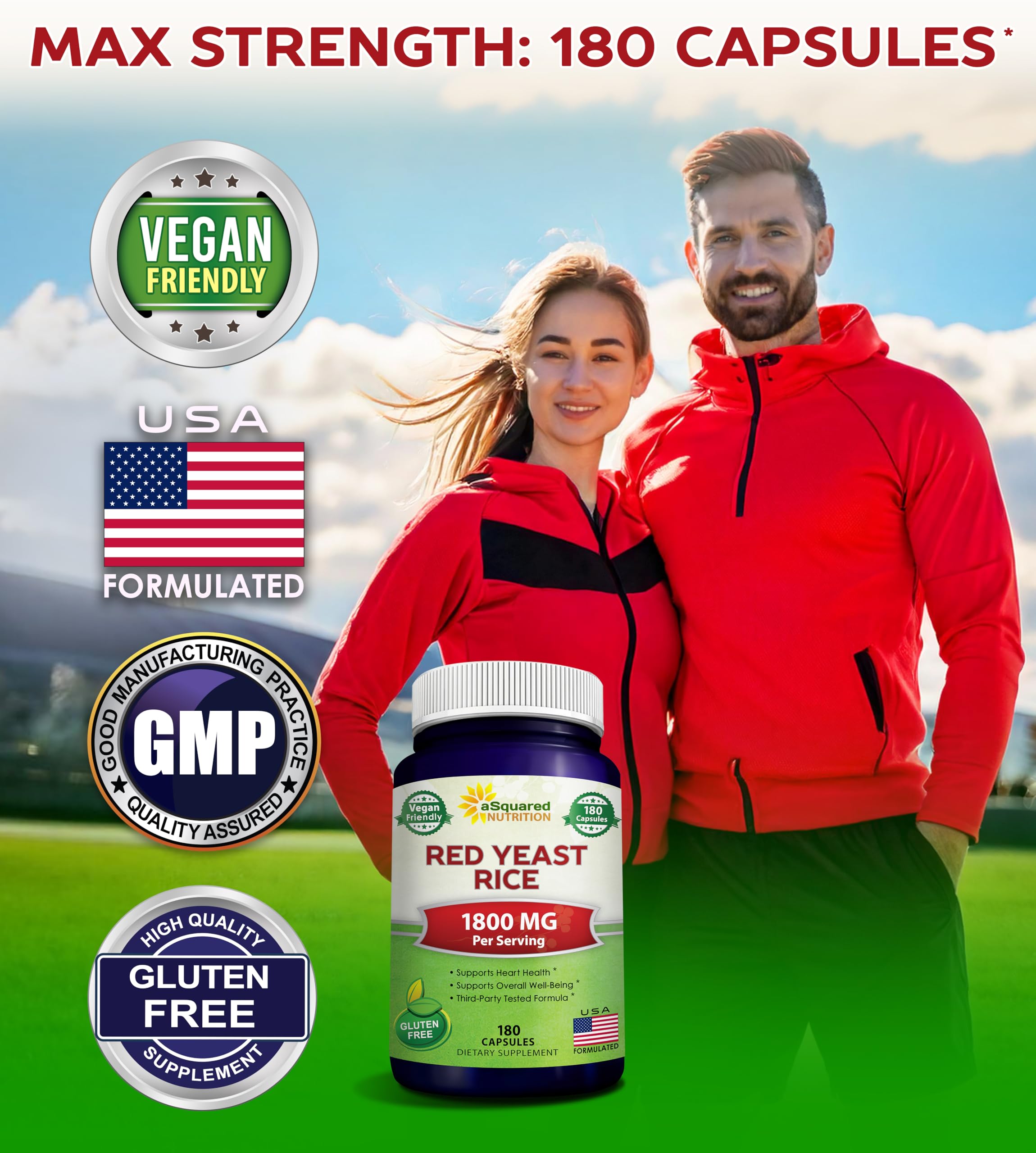 aSquared Nutrition Red Yeast Rice 1800mg veggie capsules side view
